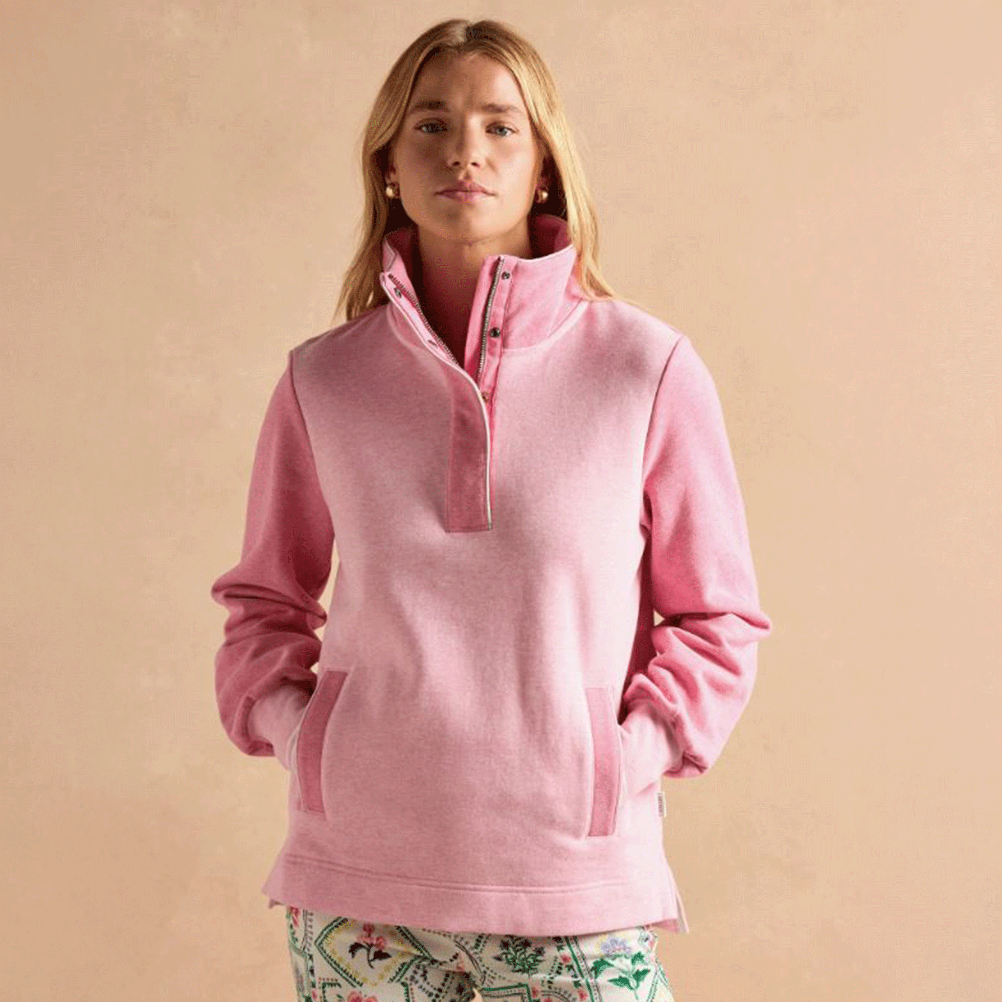 Joules Burnham Pink Cotton Funnel Neck Quarter Zip Sweatshirt