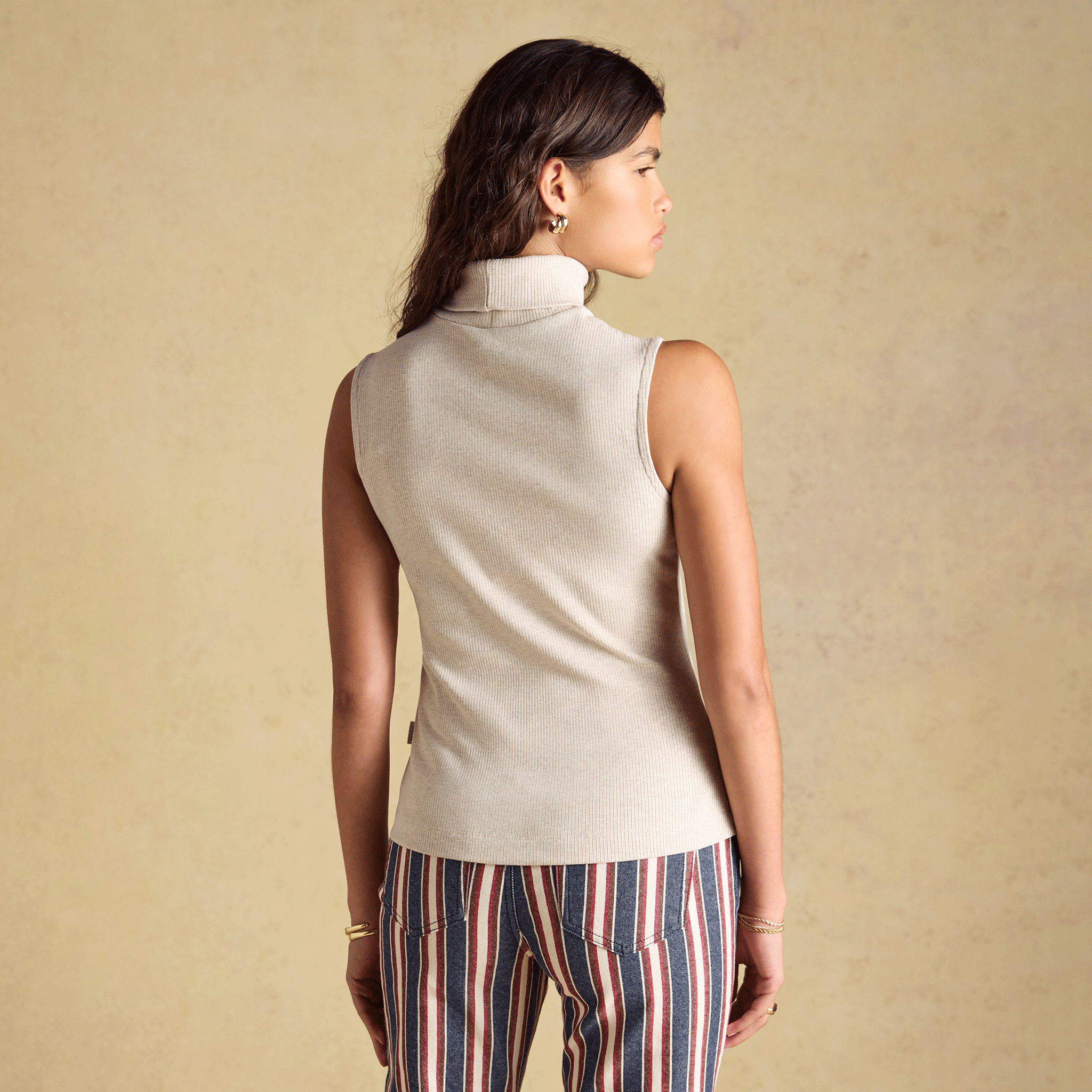 Joules Celia Ribbed Cotton Rich Sleeveless Roll Neck Oat Marl