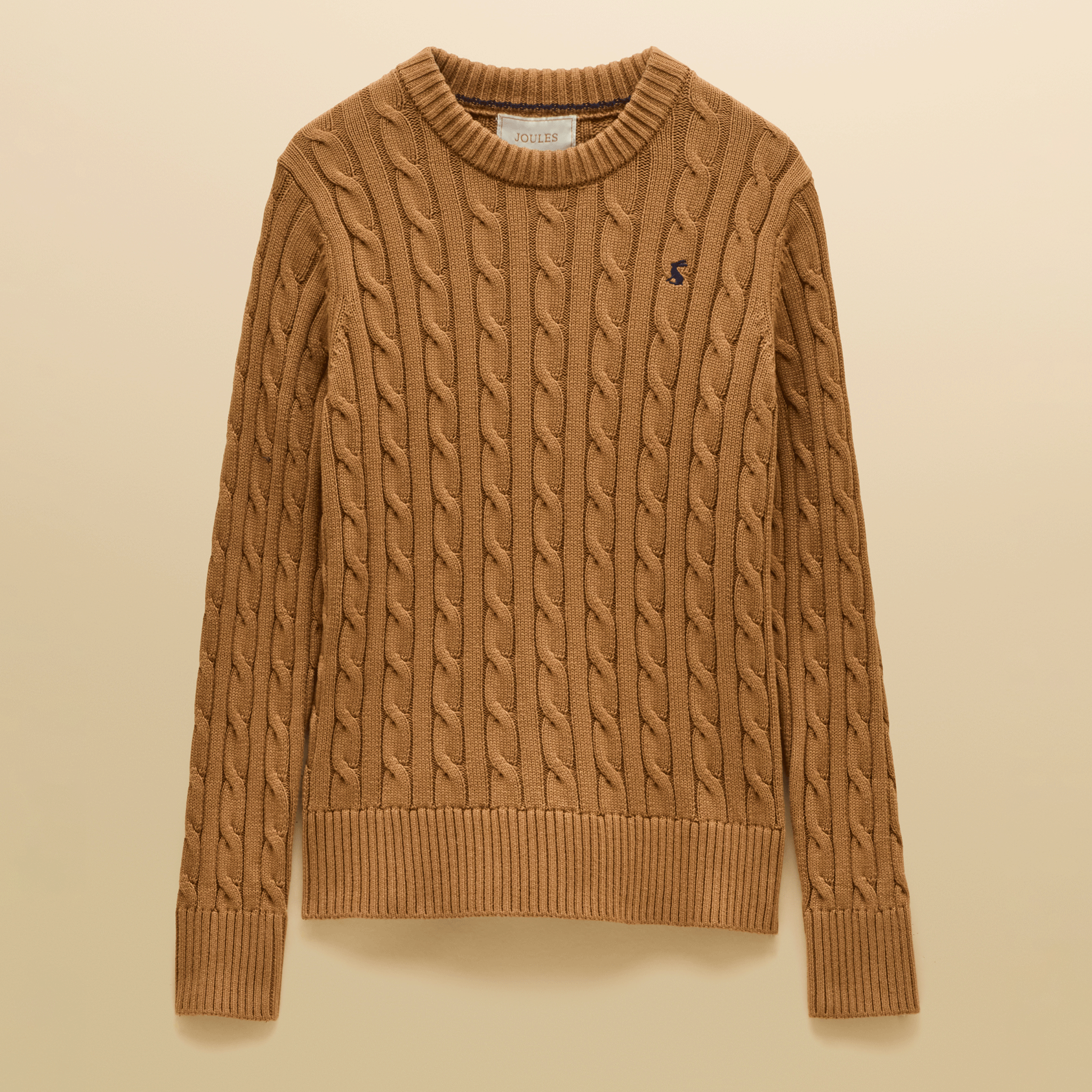 Joules Classic Cable Knit Cotton Crew Neck Jumper Camel