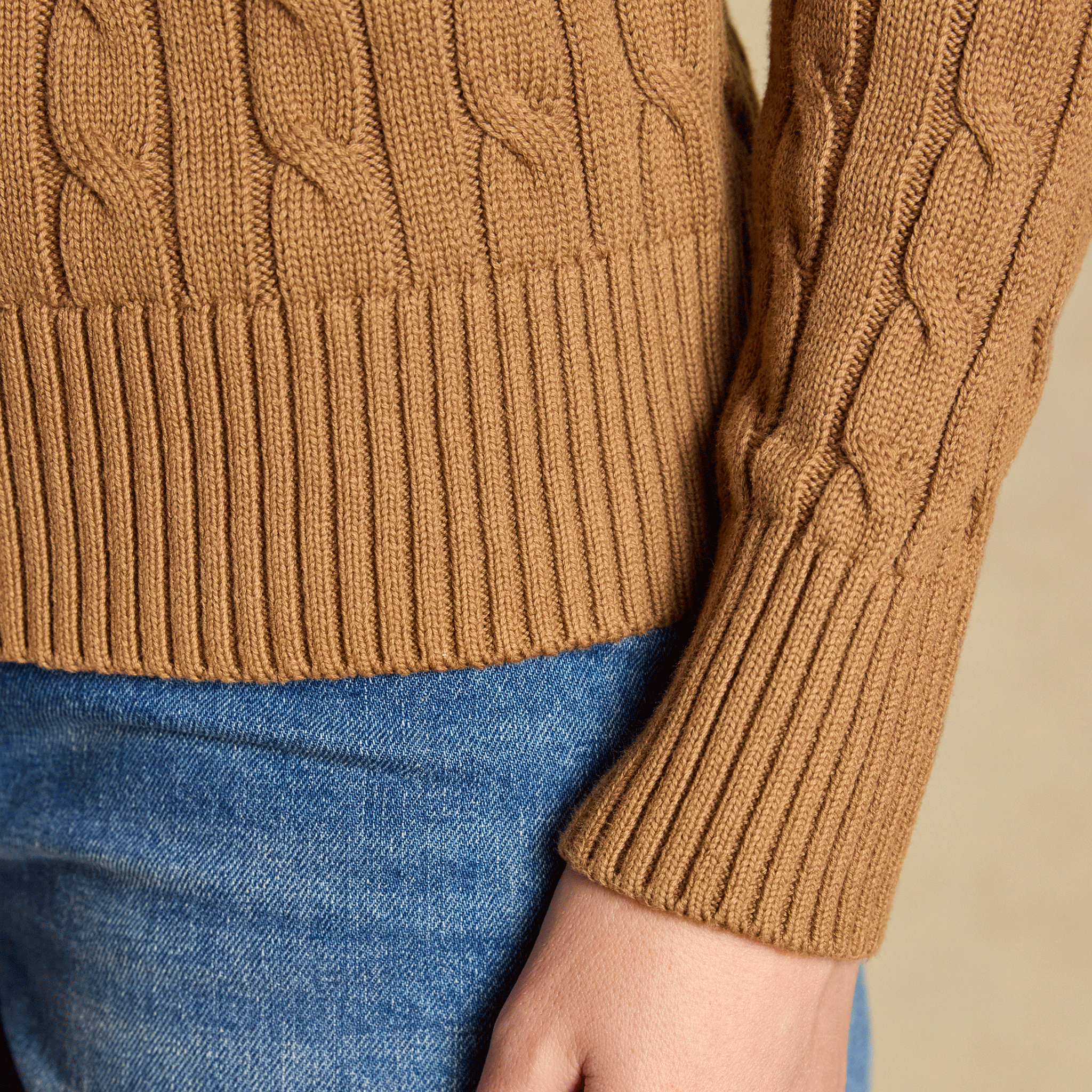 Joules Classic Cable Knit Cotton Crew Neck Jumper Camel