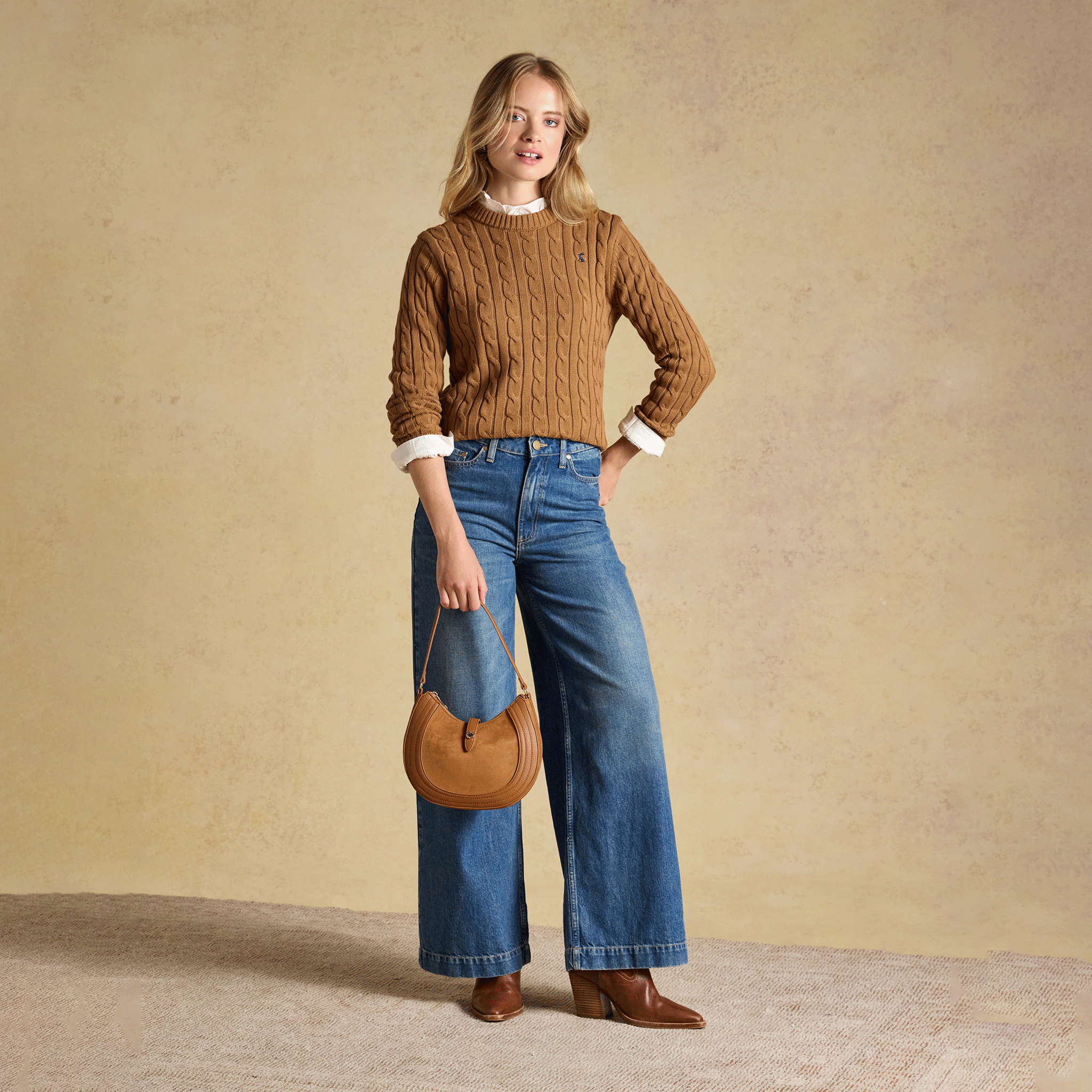 Joules Classic Cable Knit Cotton Crew Neck Jumper Camel