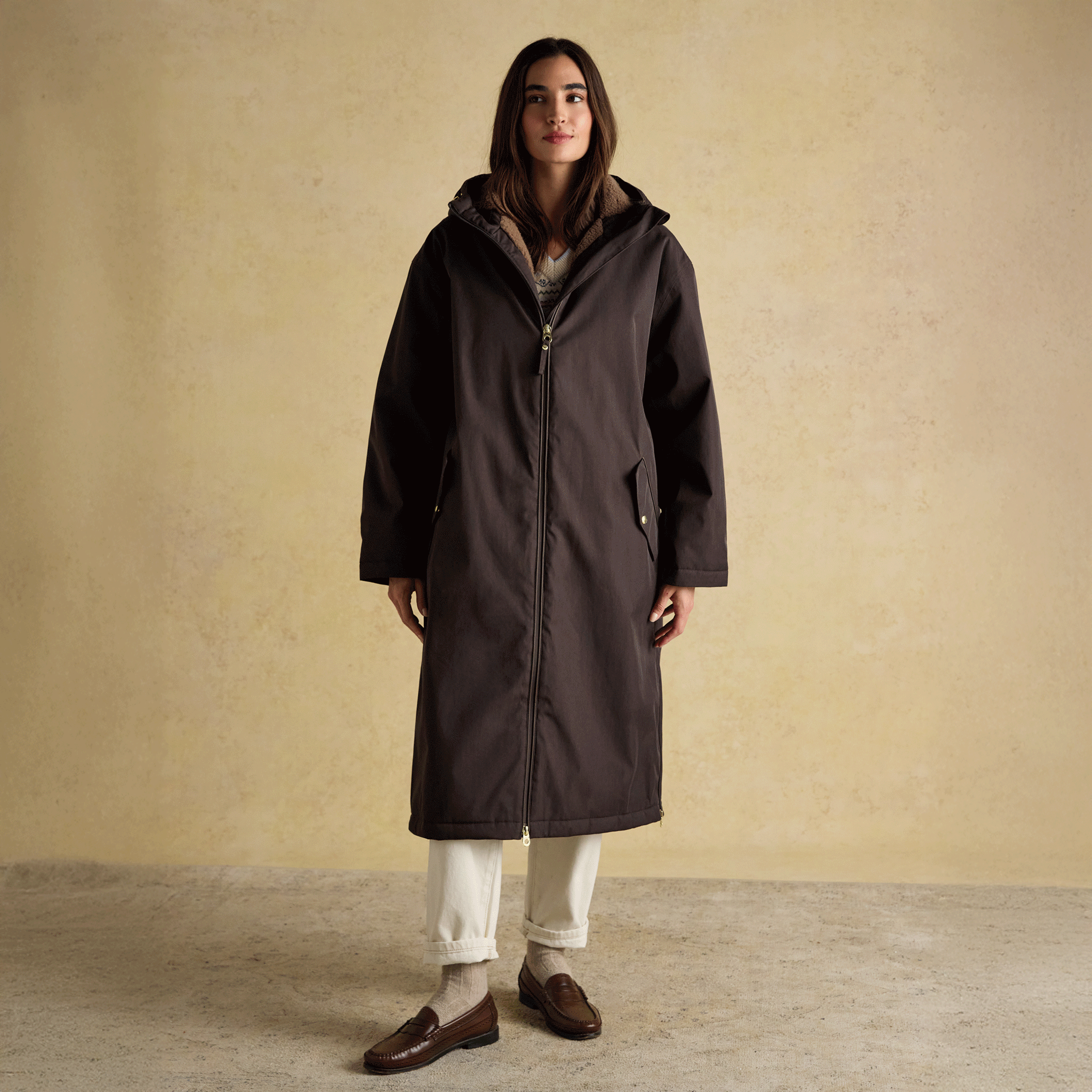 Joules Coverall Oversized Fleece Lined Waterproof Coat Brown