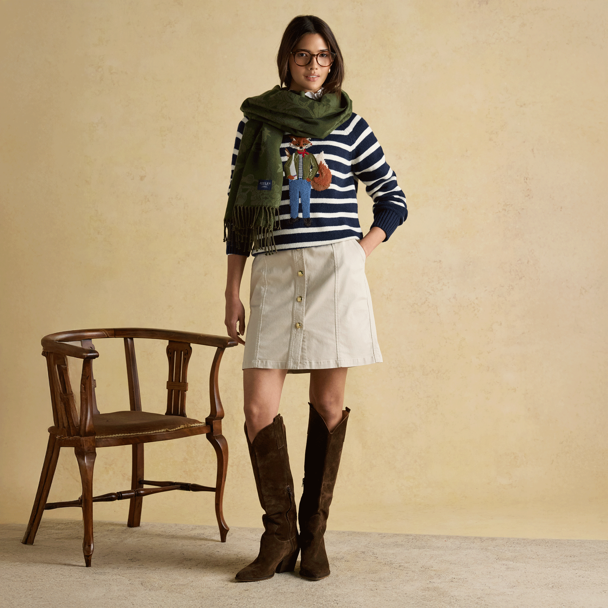 Joules Elissa Double-Sided Jacquard Patterned Scarf Khaki Green