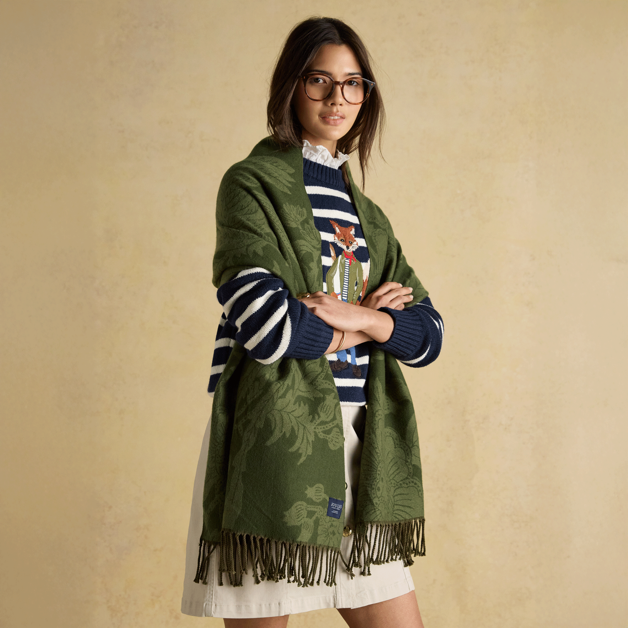 Joules Elissa Double-Sided Jacquard Patterned Scarf Khaki Green