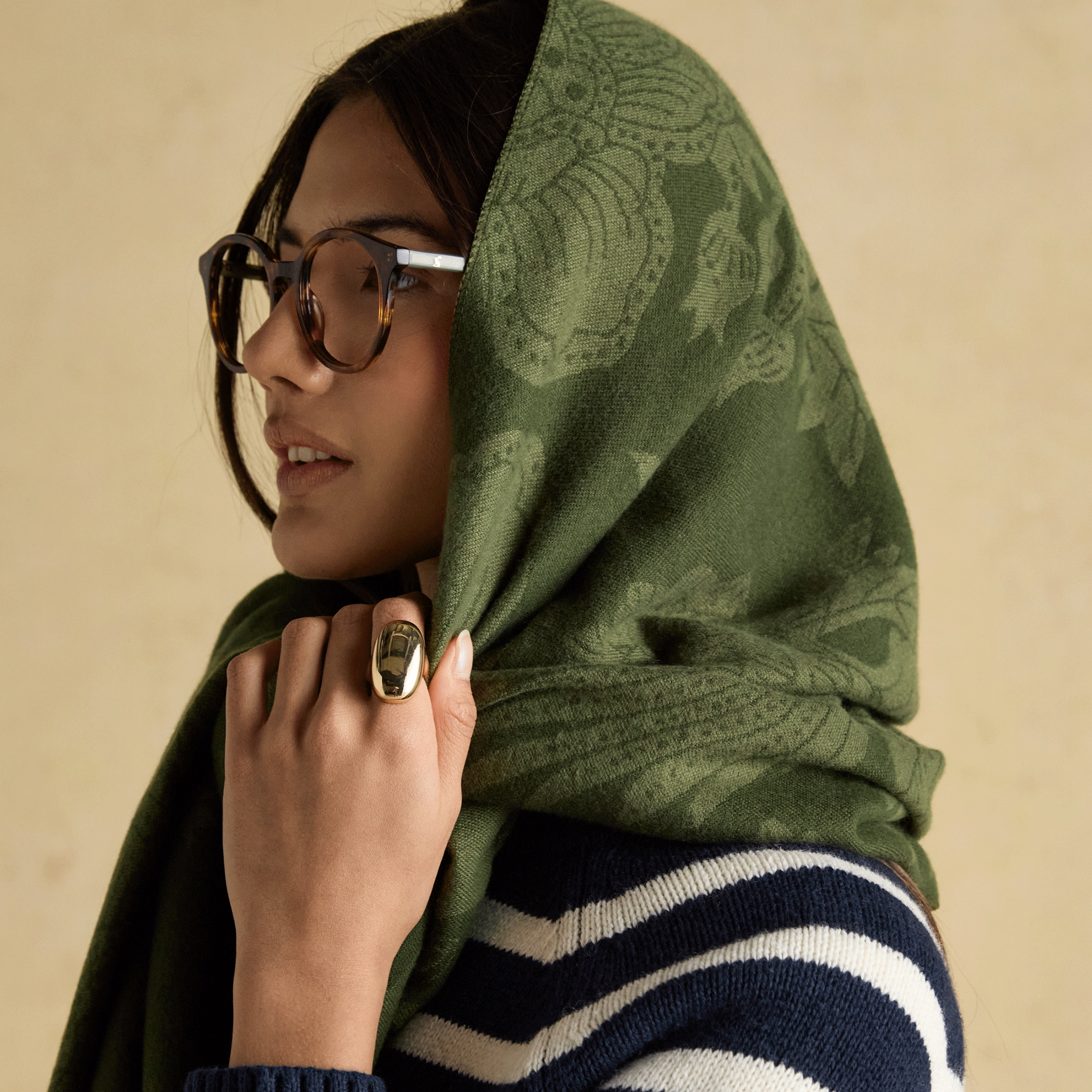 Joules Elissa Double-Sided Jacquard Patterned Scarf Khaki Green