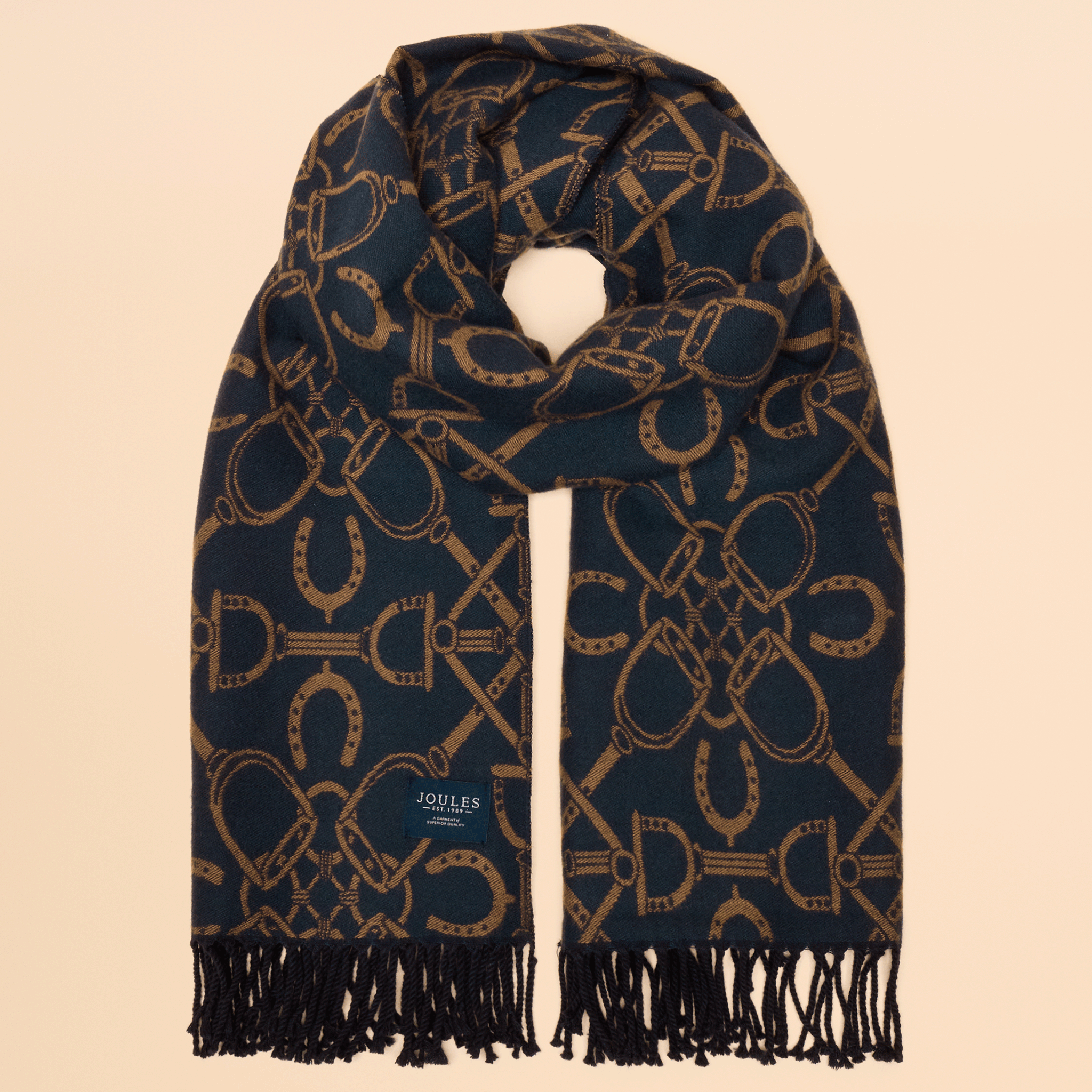 Joules Elissa Double-Sided Jacquard Patterned Scarf Navy-Tan