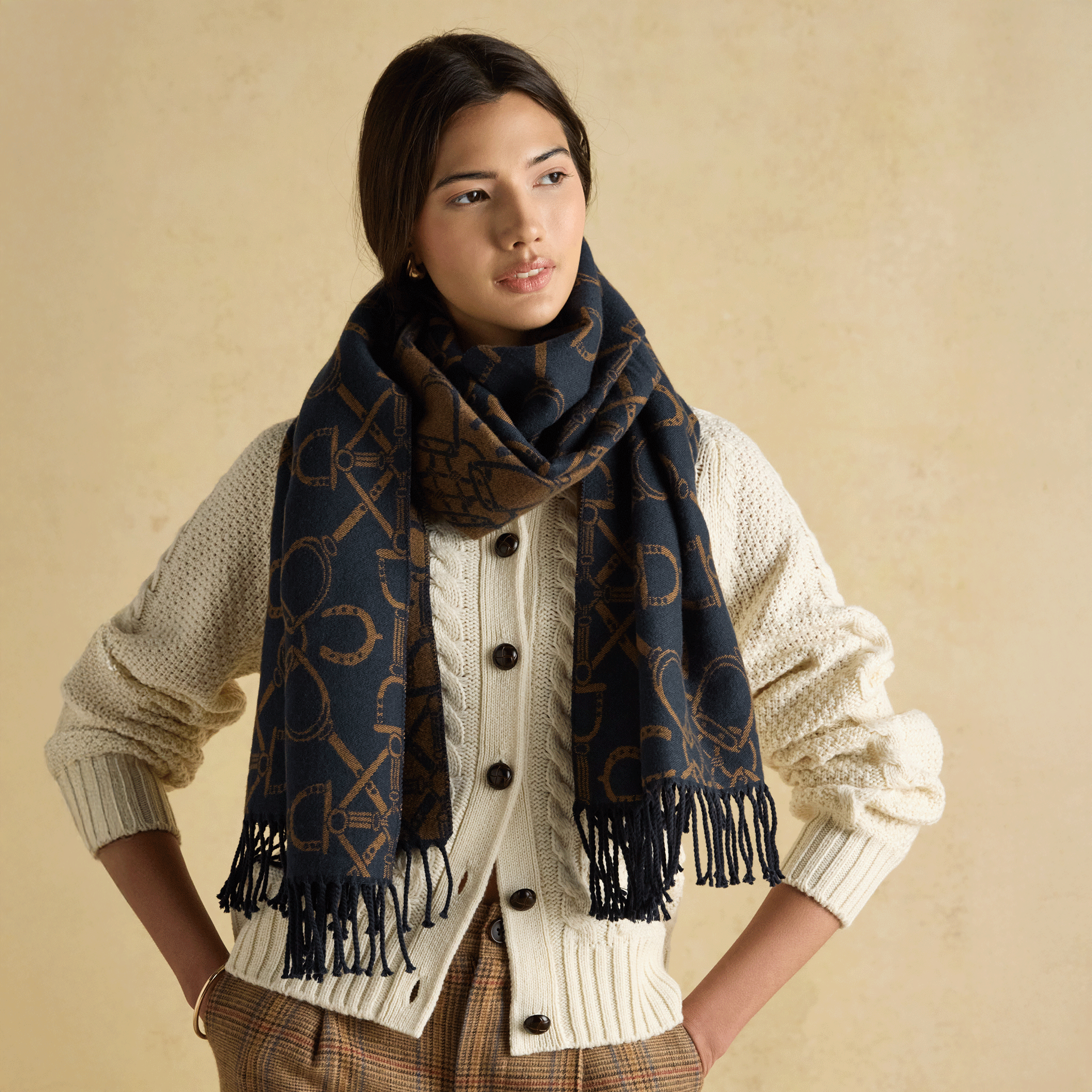 Joules Elissa Double-Sided Jacquard Patterned Scarf Navy-Tan