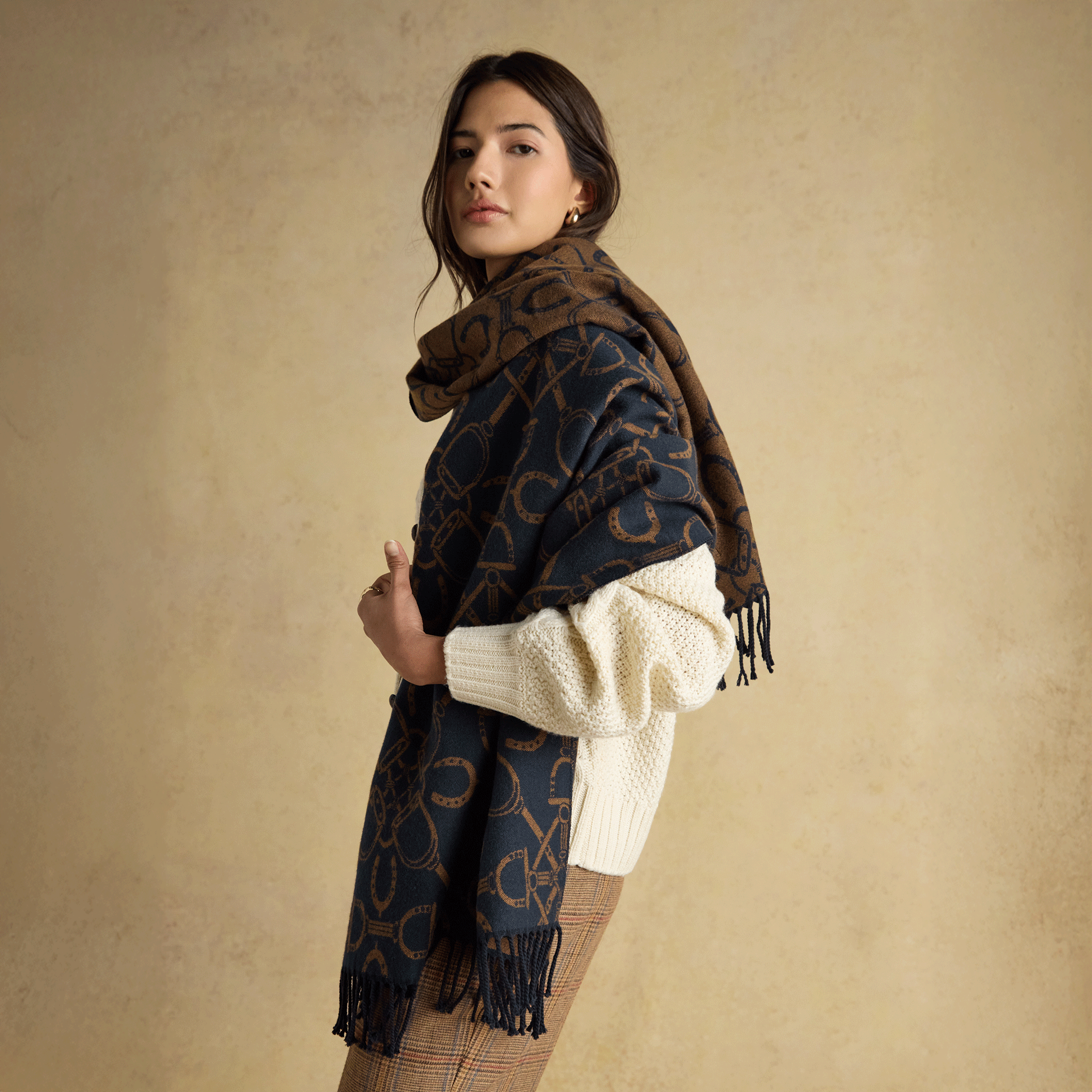 Joules Elissa Double-Sided Jacquard Patterned Scarf Navy-Tan