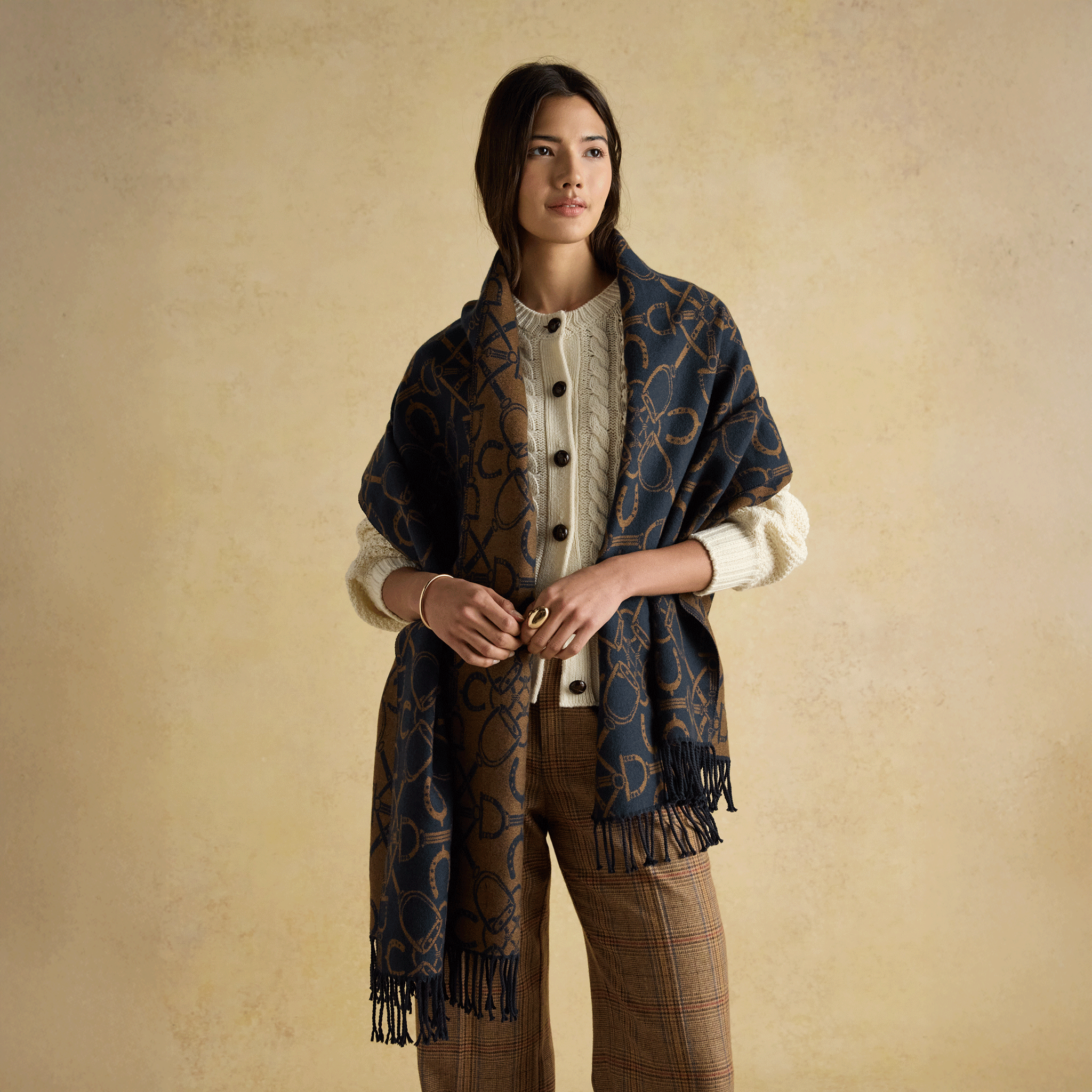 Joules Elissa Double-Sided Jacquard Patterned Scarf Navy-Tan