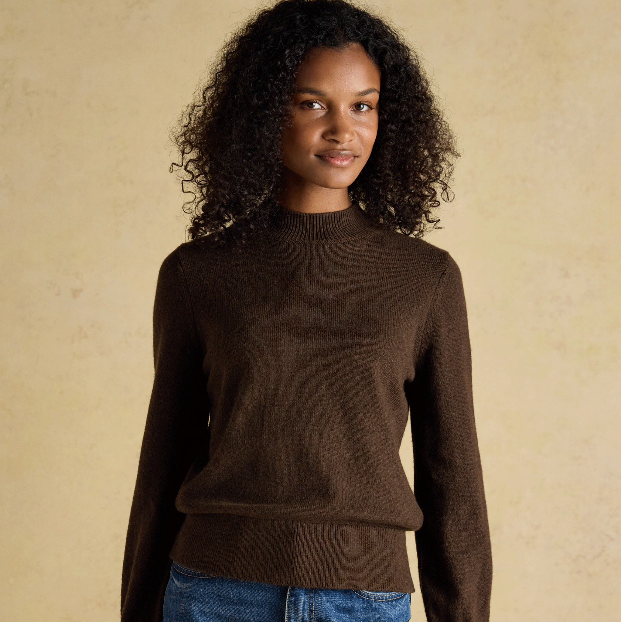 Joules Enid Cotton-Rich High Neck Jumper Chocolate Brown