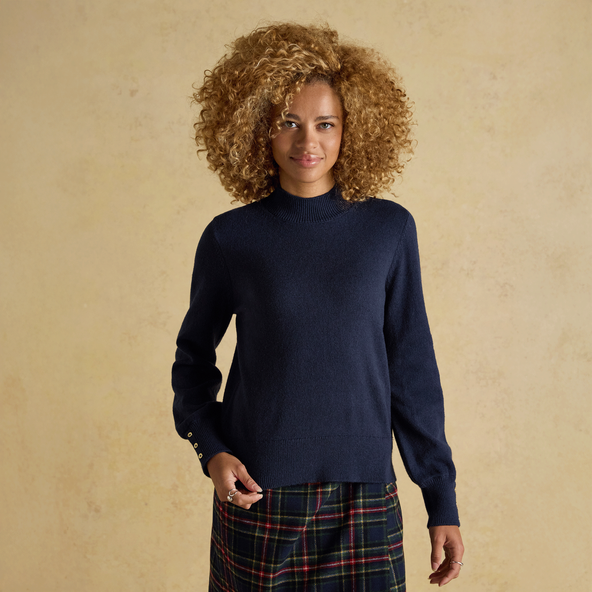 Joules Enid Cotton-Rich High Neck Jumper Navy