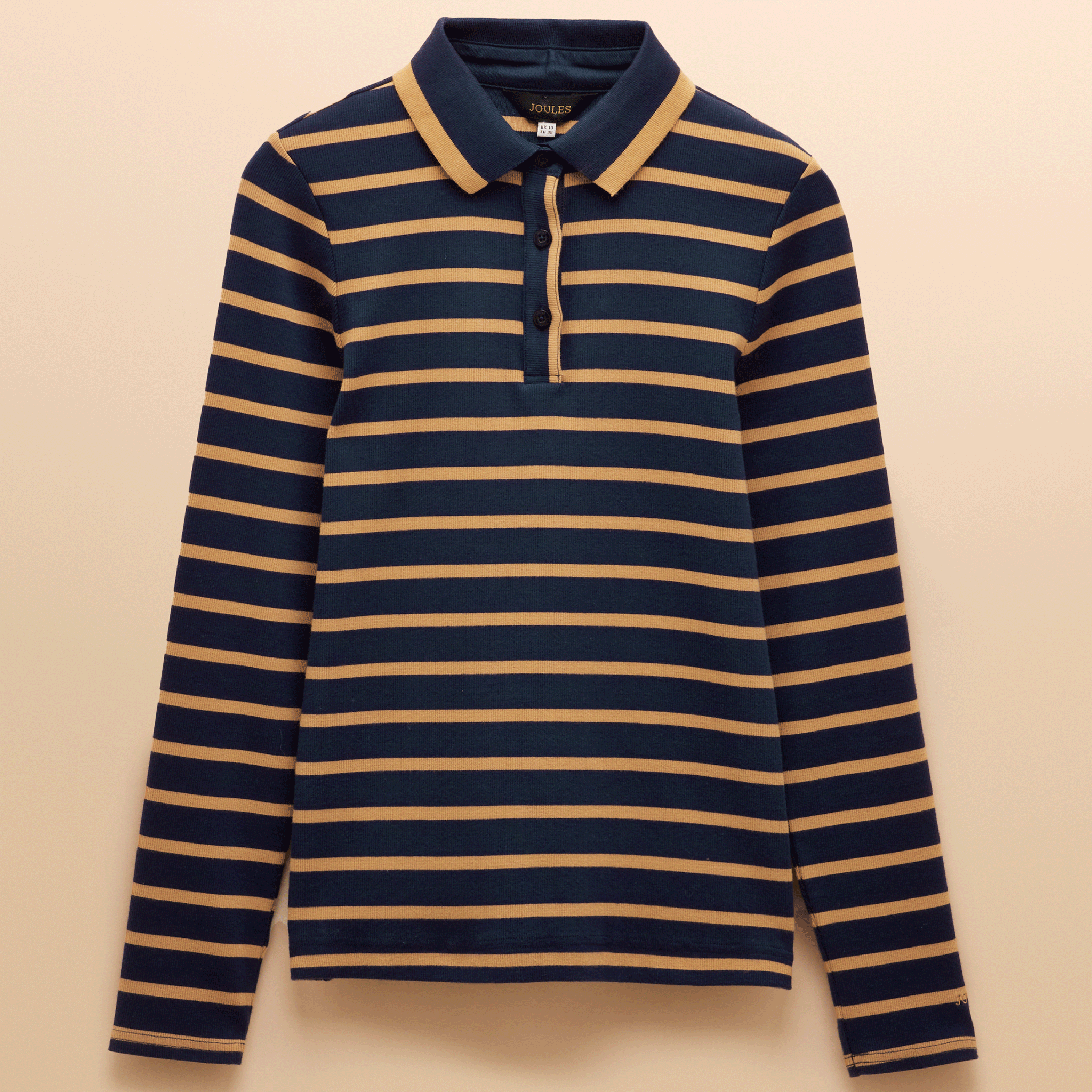 Joules Fairfield Long Sleeve Ribbed Polo Shirt Navy Blue-Brown Stripe