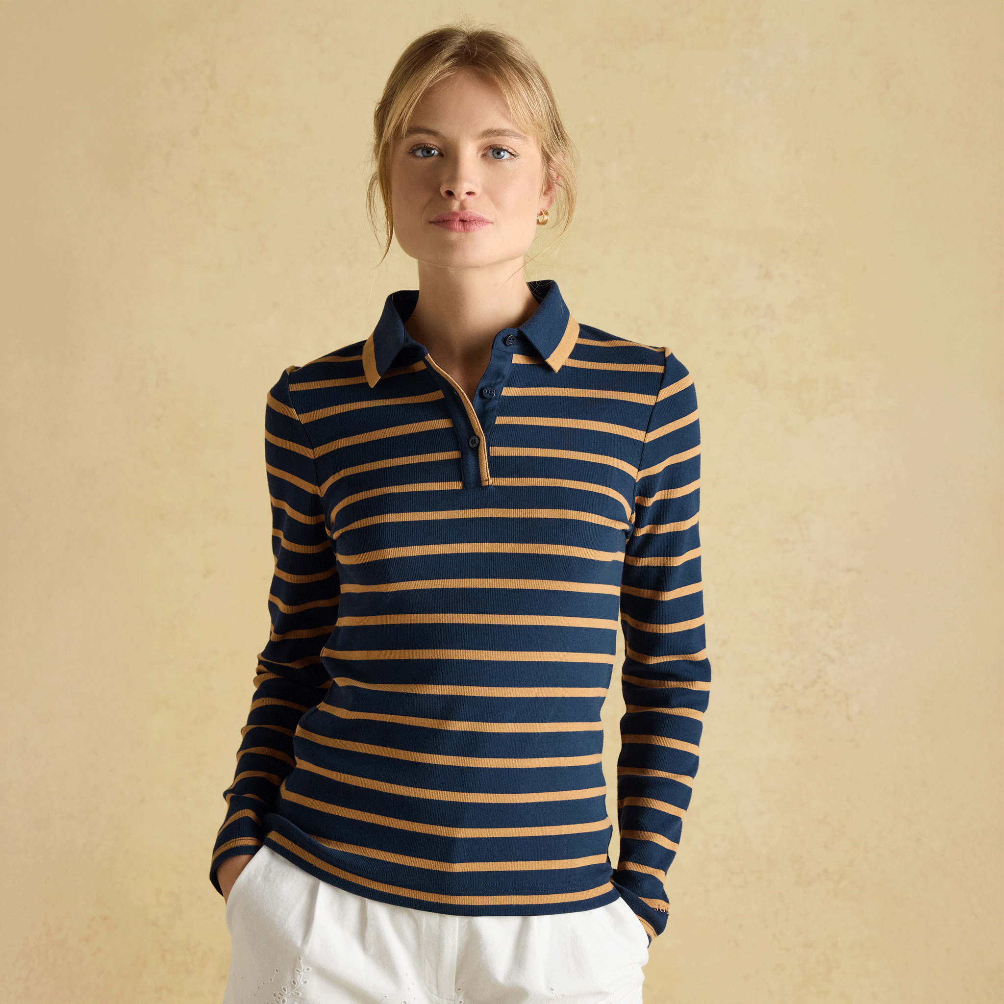 Joules Fairfield Long Sleeve Ribbed Polo Shirt Navy Blue-Brown Stripe