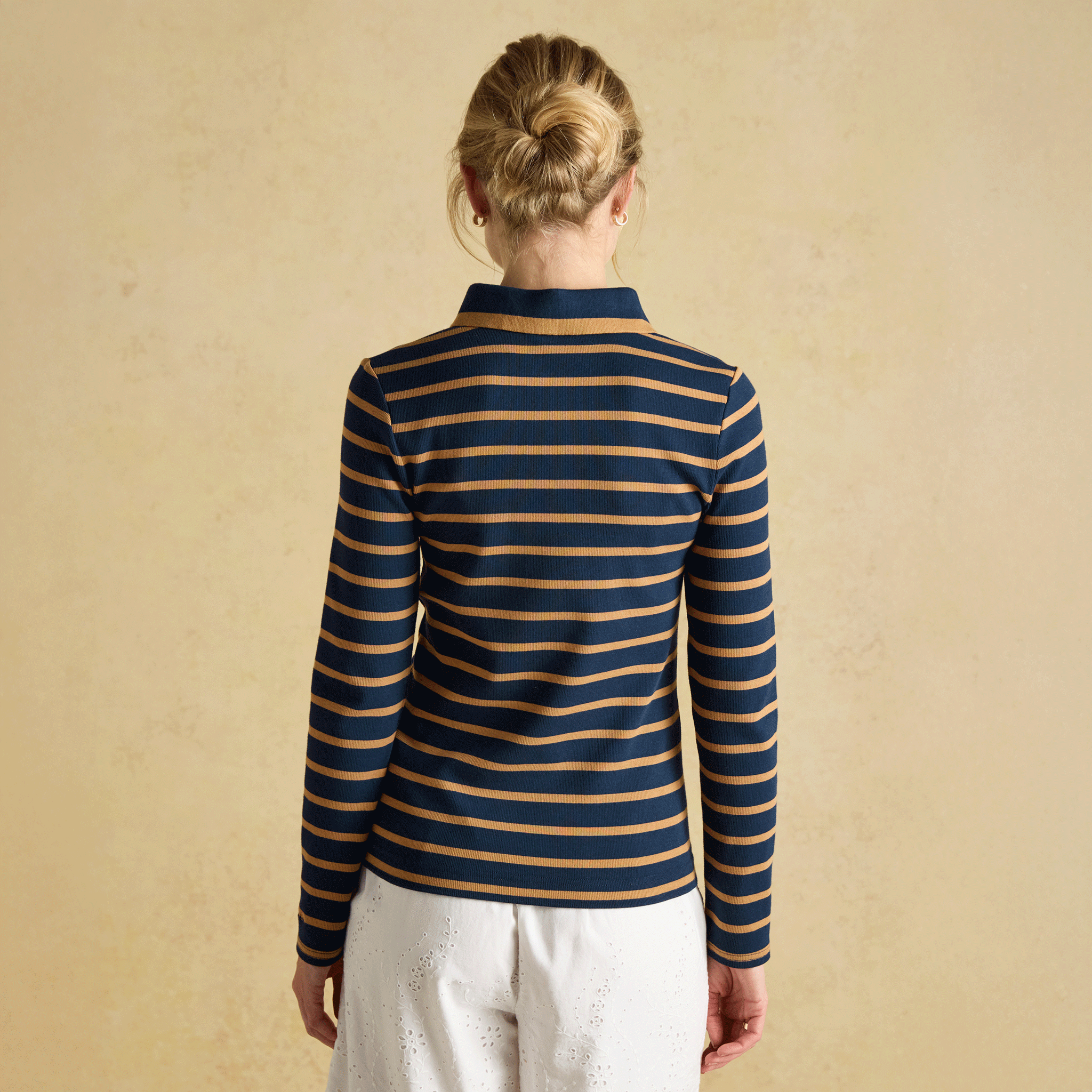 Joules Fairfield Long Sleeve Ribbed Polo Shirt Navy Blue-Brown Stripe