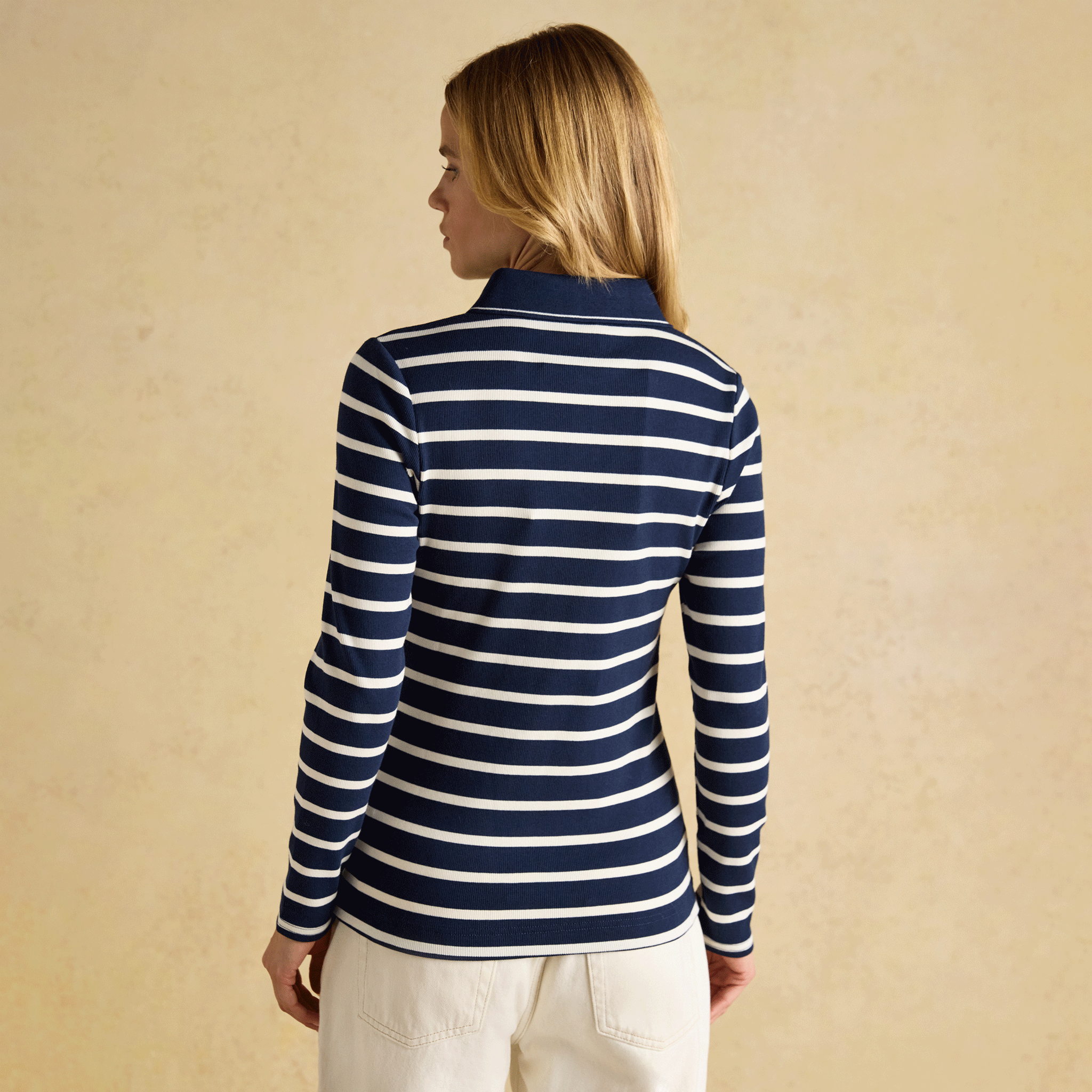 Joules Fairfield Ribbed Long Sleeve Polo Shirt Navy & Cream Stripe