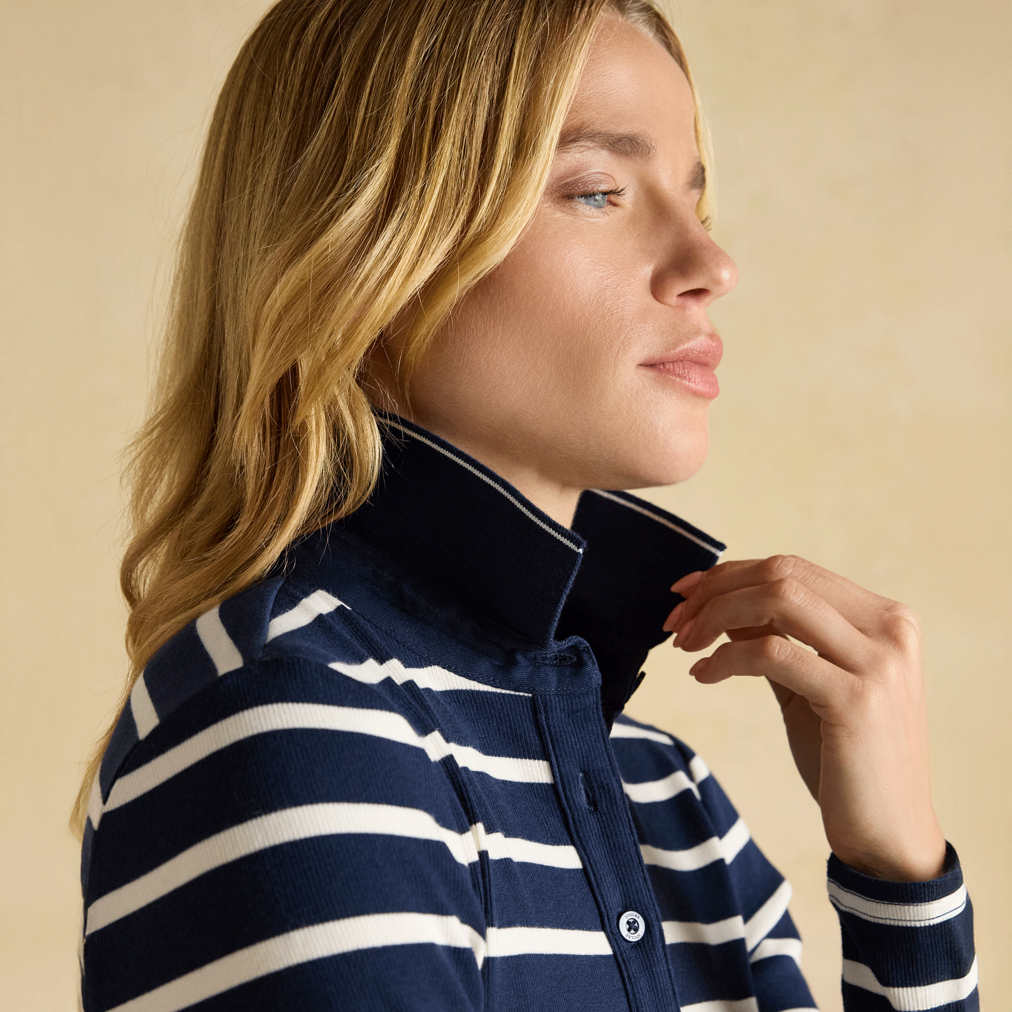 Joules Fairfield Ribbed Long Sleeve Polo Shirt Navy & Cream Stripe