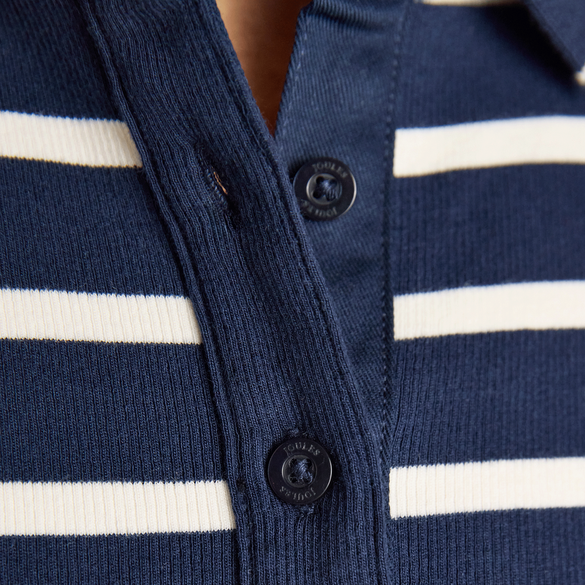 Joules Fairfield Ribbed Long Sleeve Polo Shirt Navy & Cream Stripe