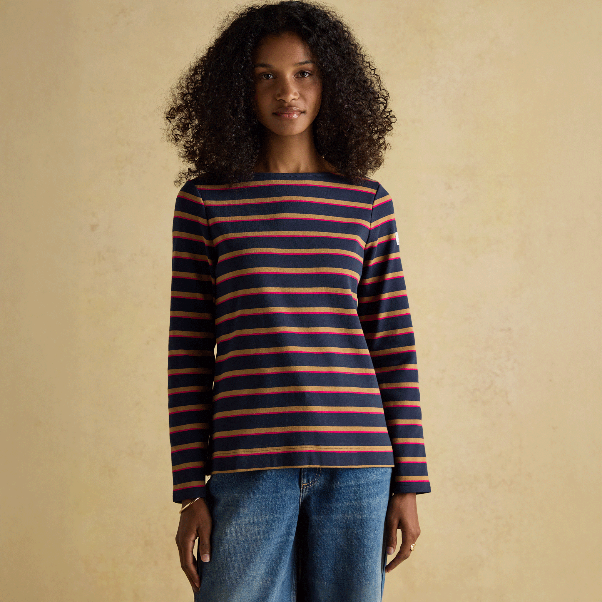 Joules Harbour Boat Neck Breton Stripe Top Tan-Navy