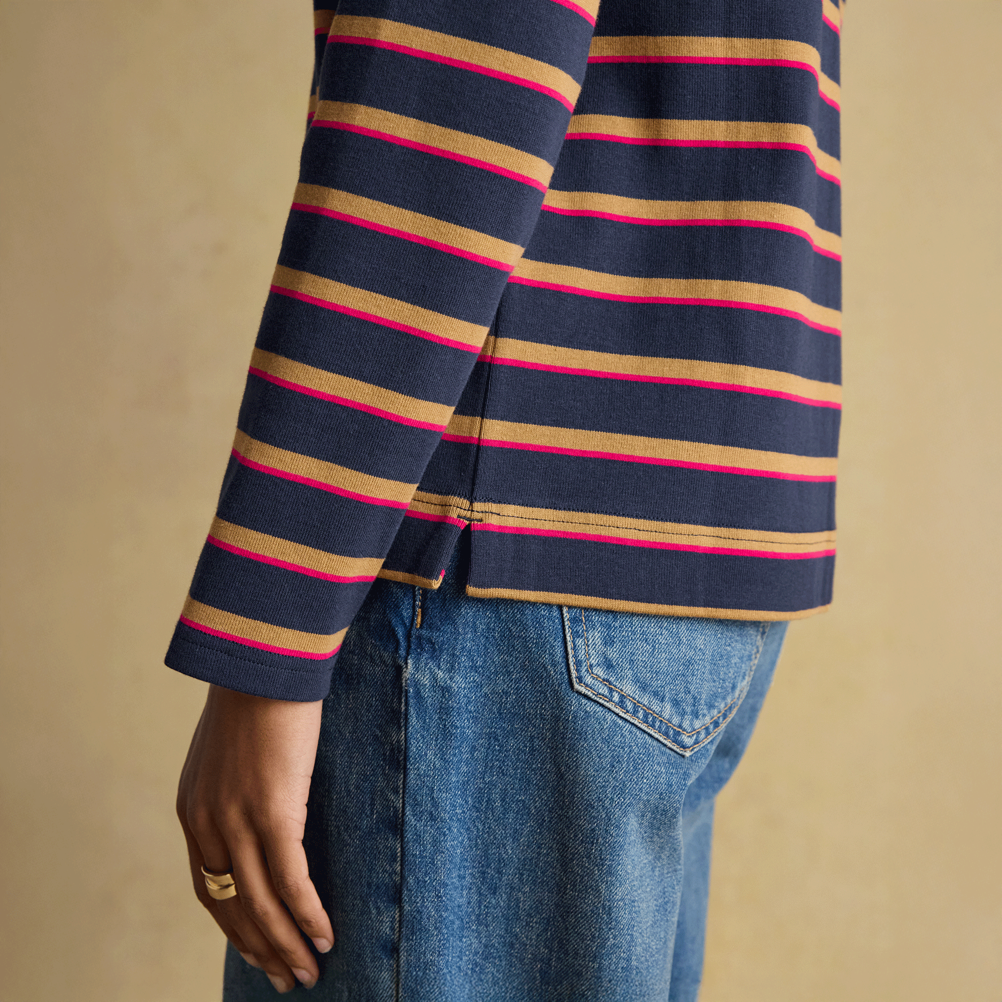 Joules Harbour Boat Neck Breton Stripe Top Tan-Navy