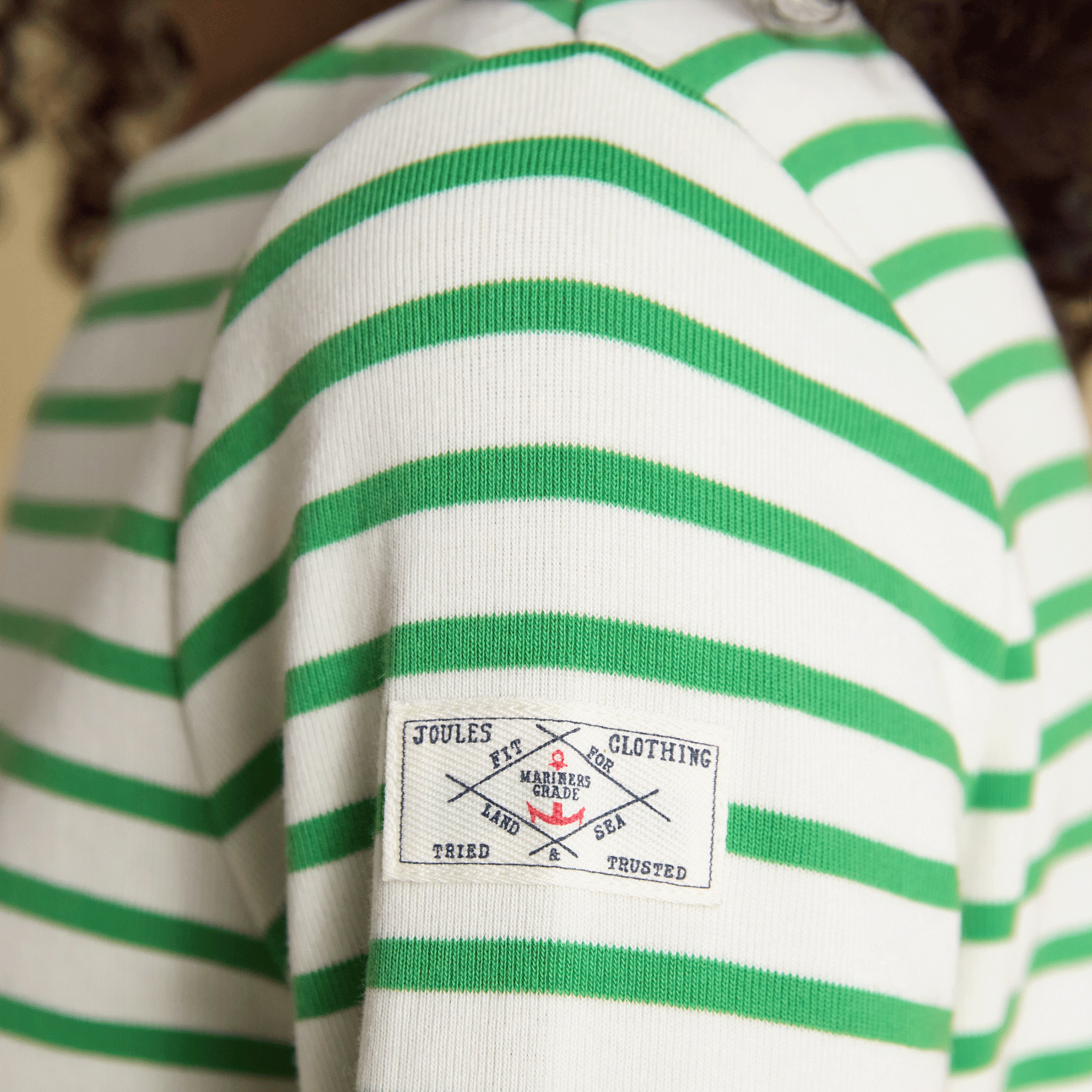 Joules Harbour Boat Neck Long Sleeve Striped Breton Top Cream & Green