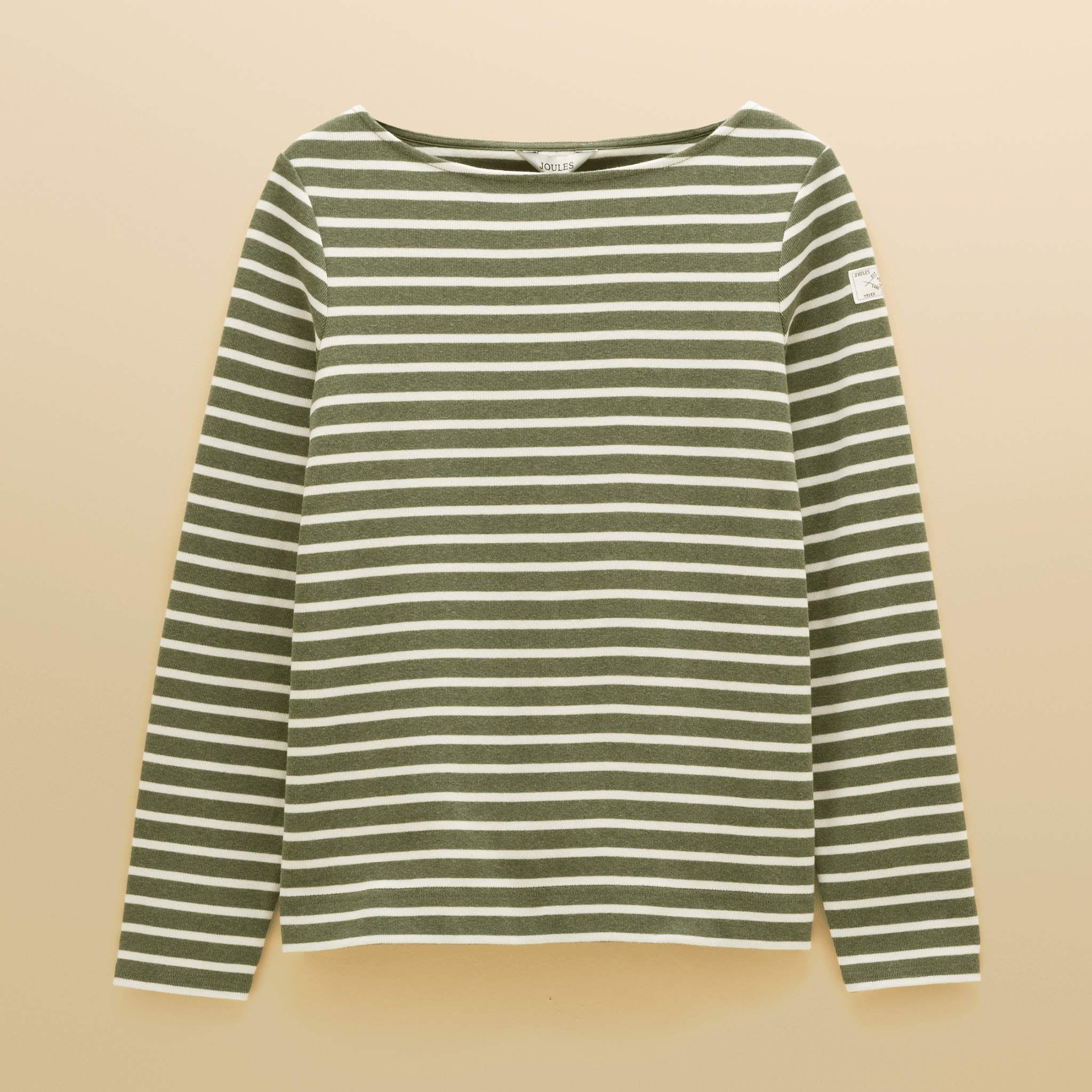 Joules Harbour Boat Neck Long Sleeve Striped Breton Top Khaki Marl-Cream