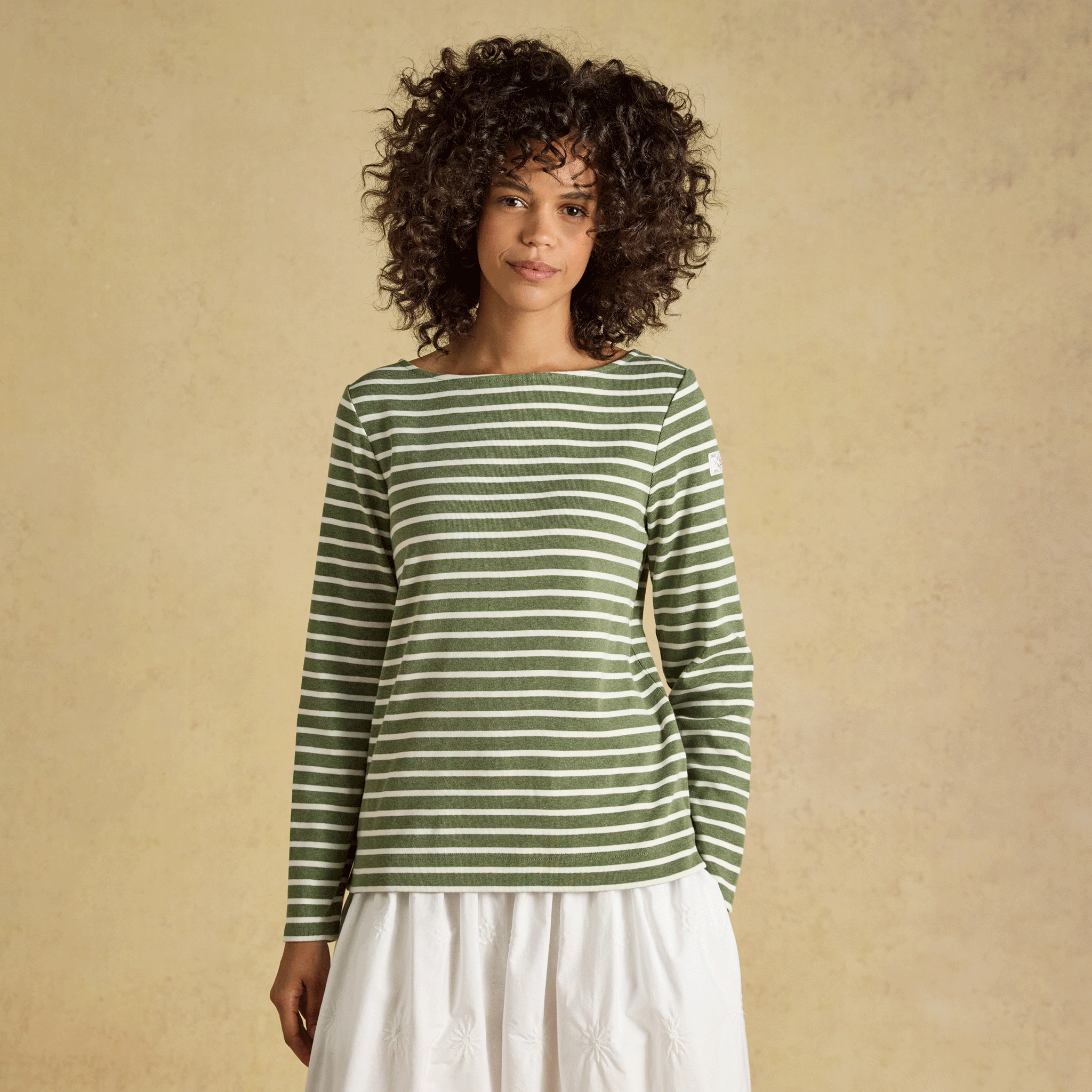 Joules Harbour Boat Neck Long Sleeve Striped Breton Top Khaki Marl-Cream
