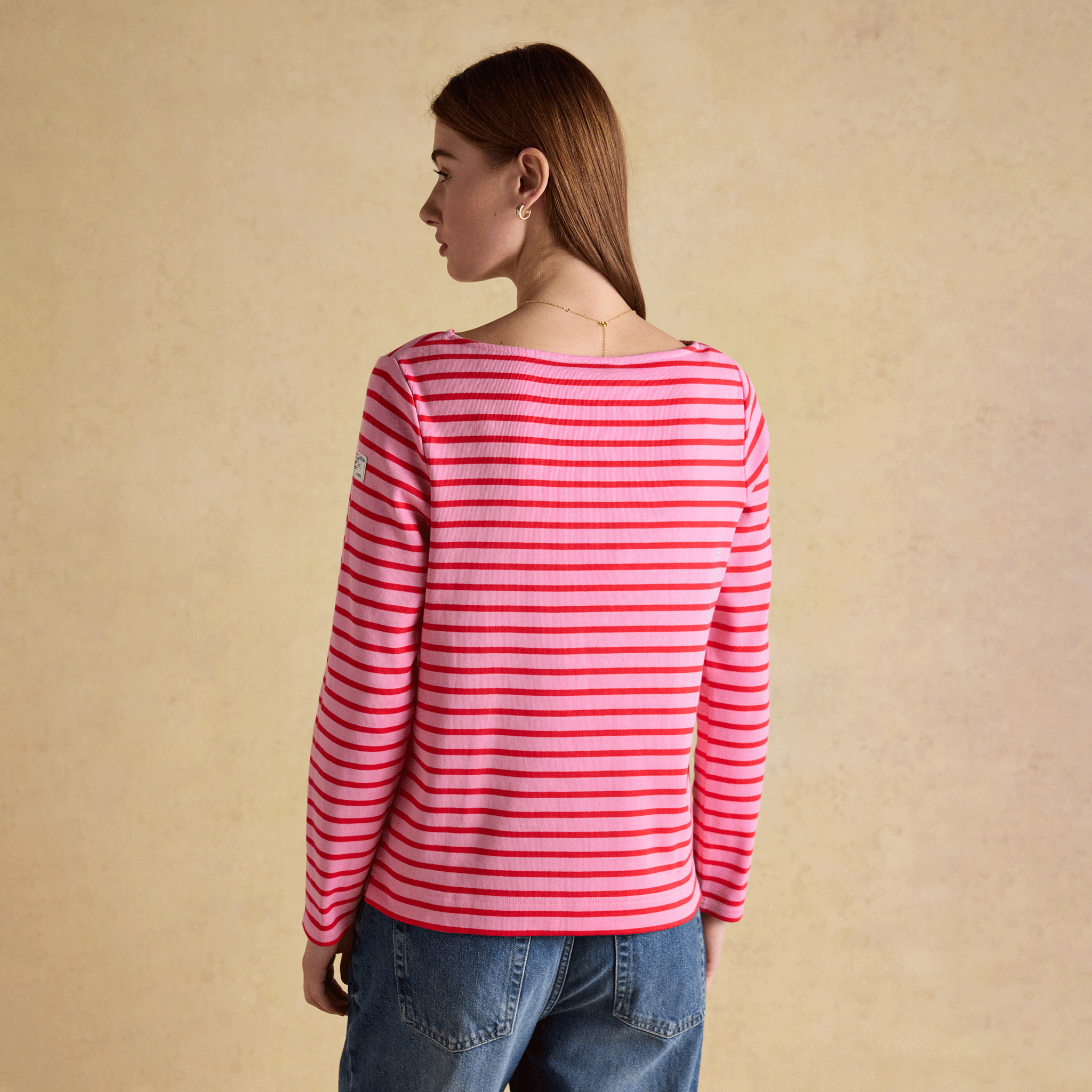 Joules Harbour Boat Neck Long Sleeve Striped Breton Top Pink & Red