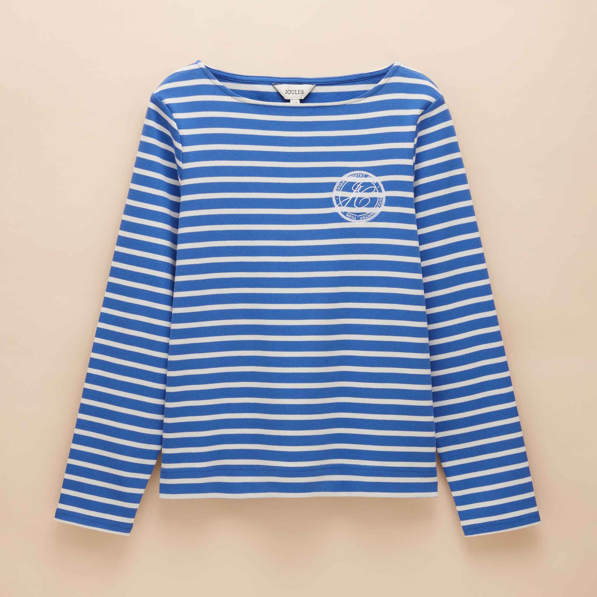 Joules Harbour Embroidered Boat Neck Breton Top Blue Stripe
