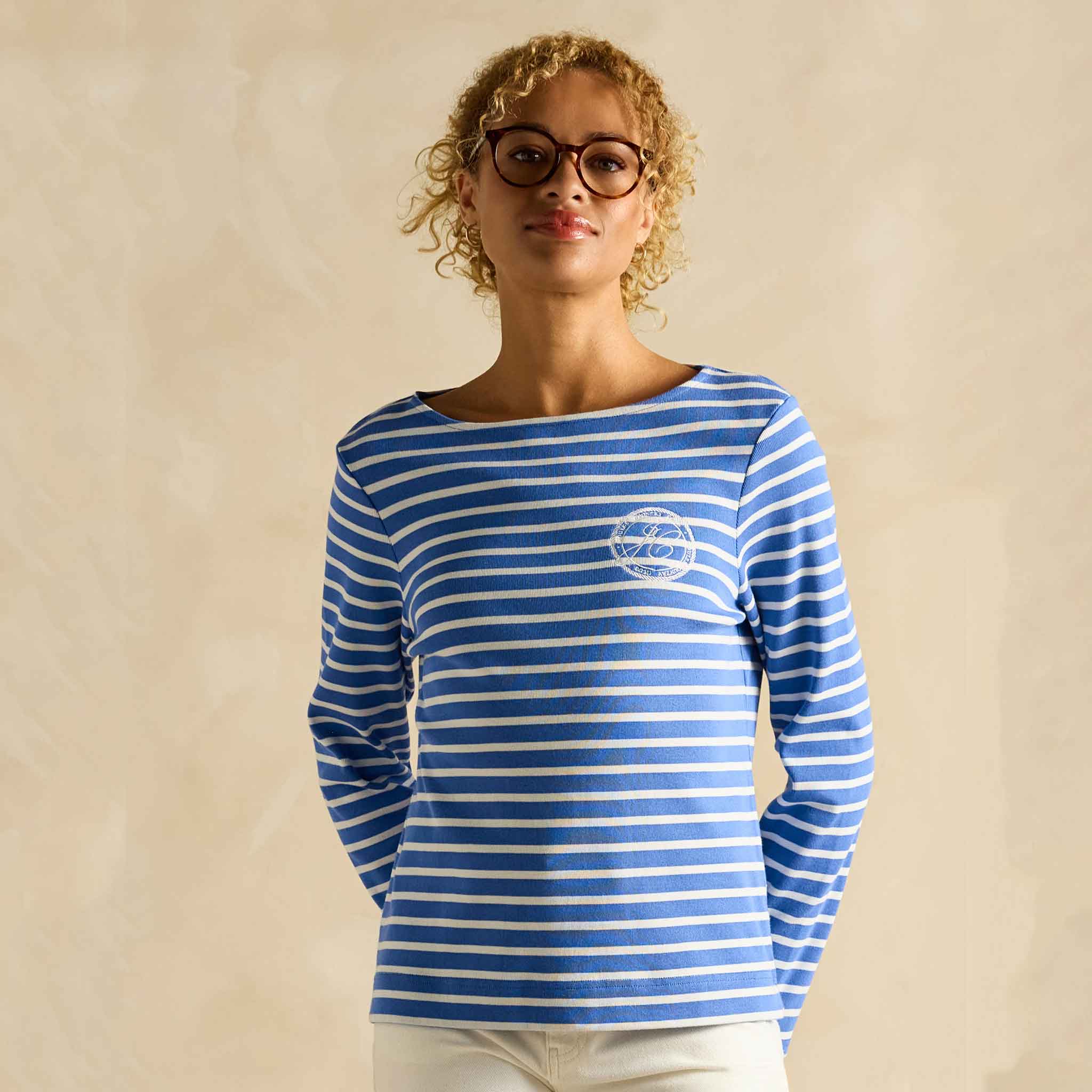 Joules Harbour Embroidered Boat Neck Breton Top Blue Stripe