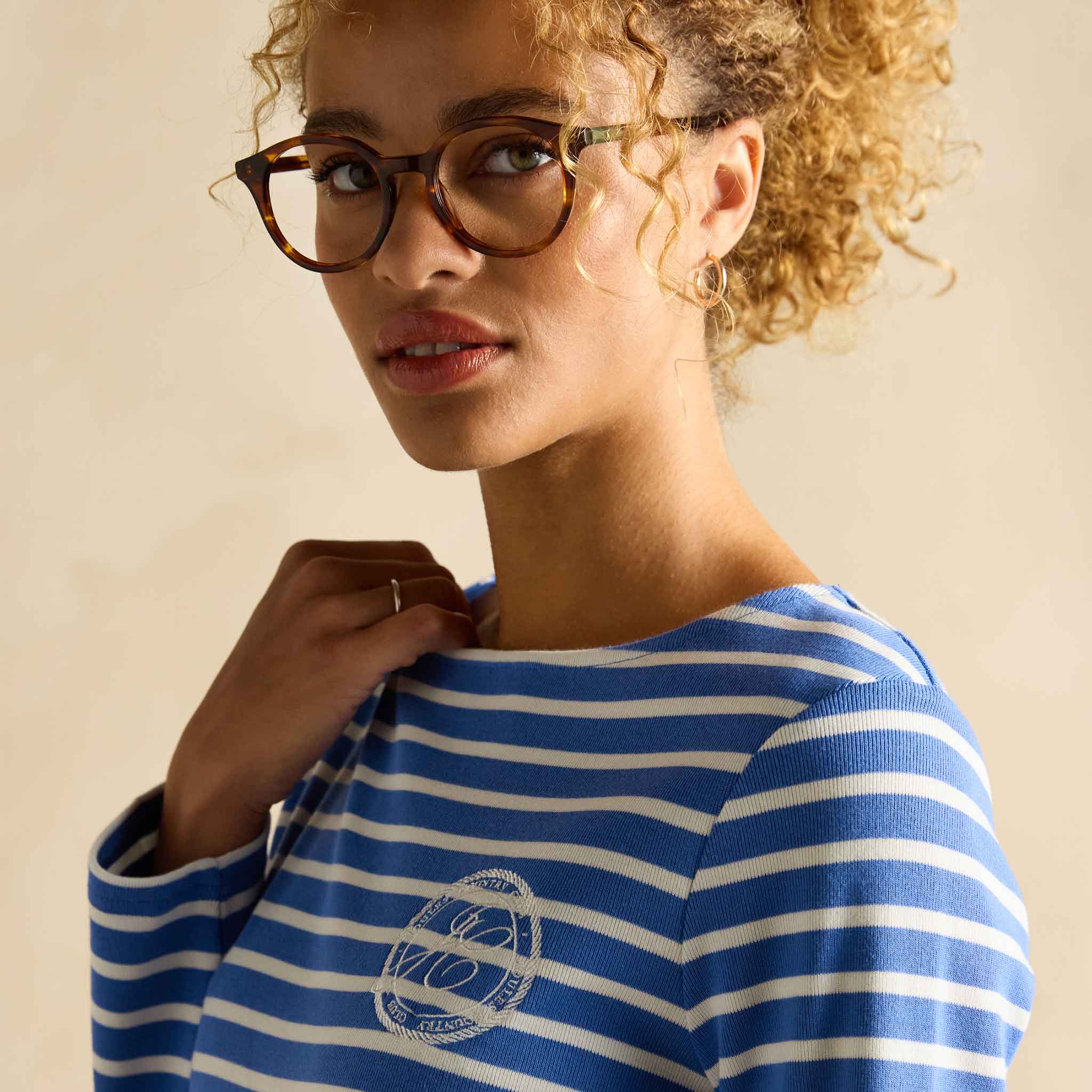 Joules Harbour Embroidered Boat Neck Breton Top Blue Stripe