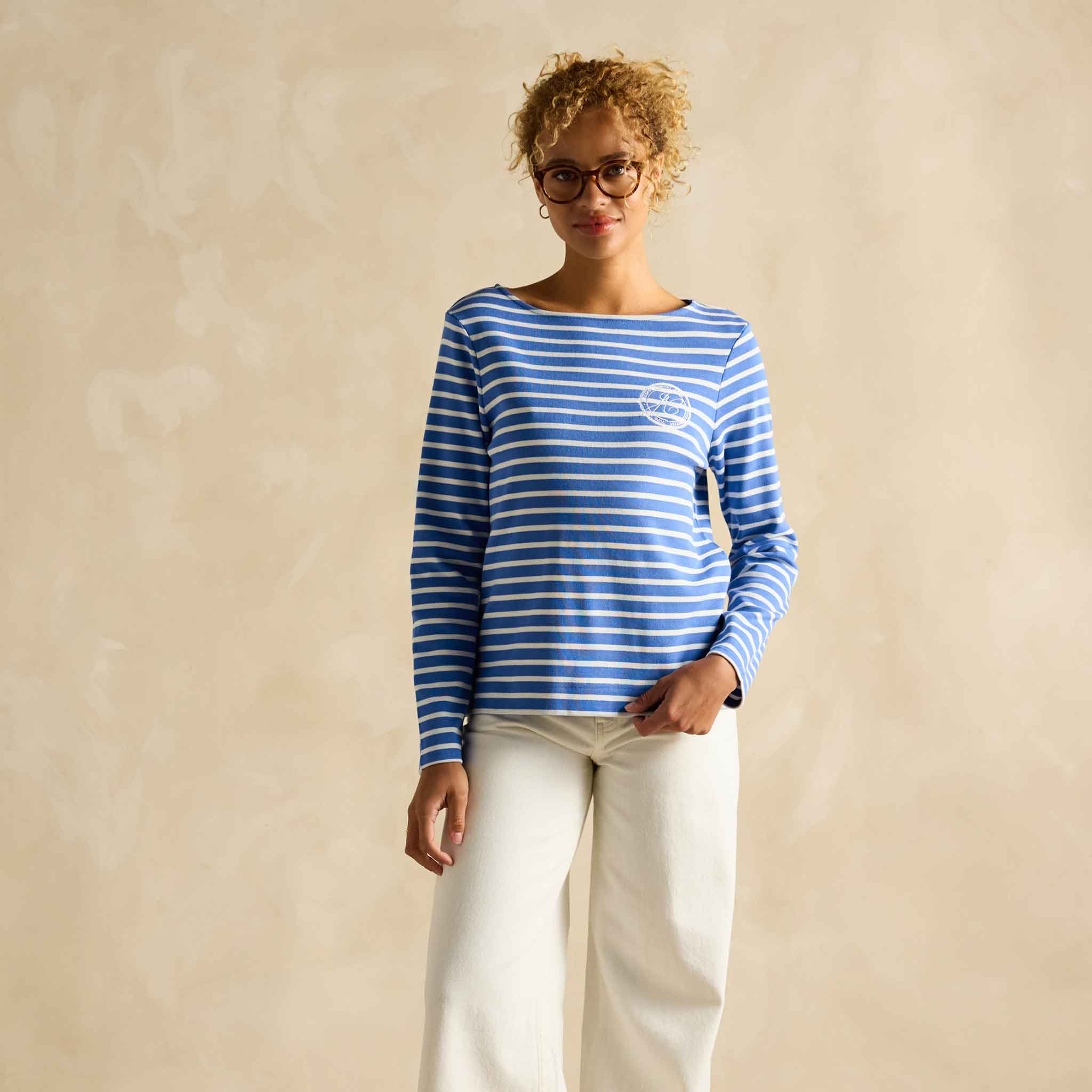 Joules Harbour Embroidered Boat Neck Breton Top Blue Stripe