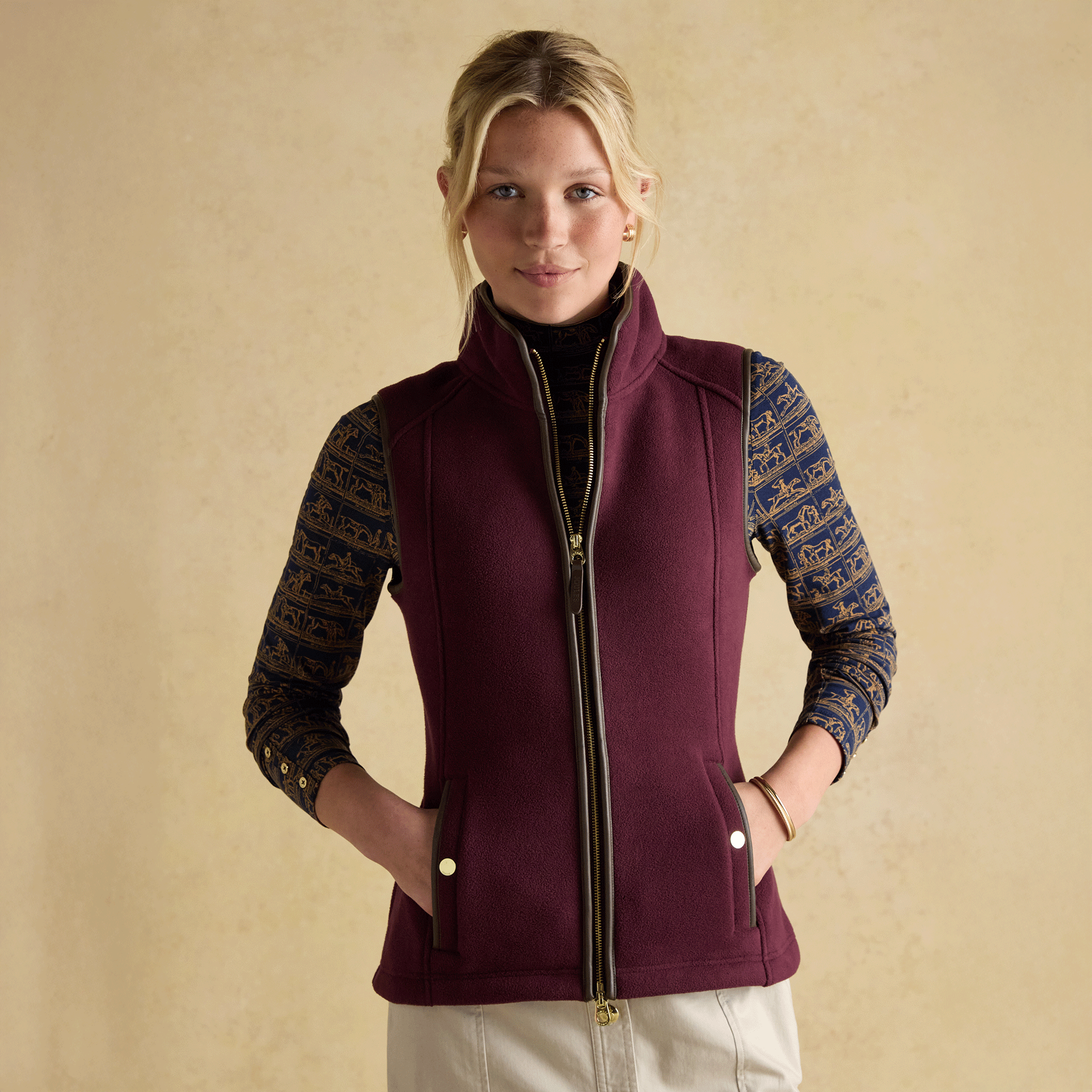 Joules Heritage Regular Fleece Gilet Burgundy Red