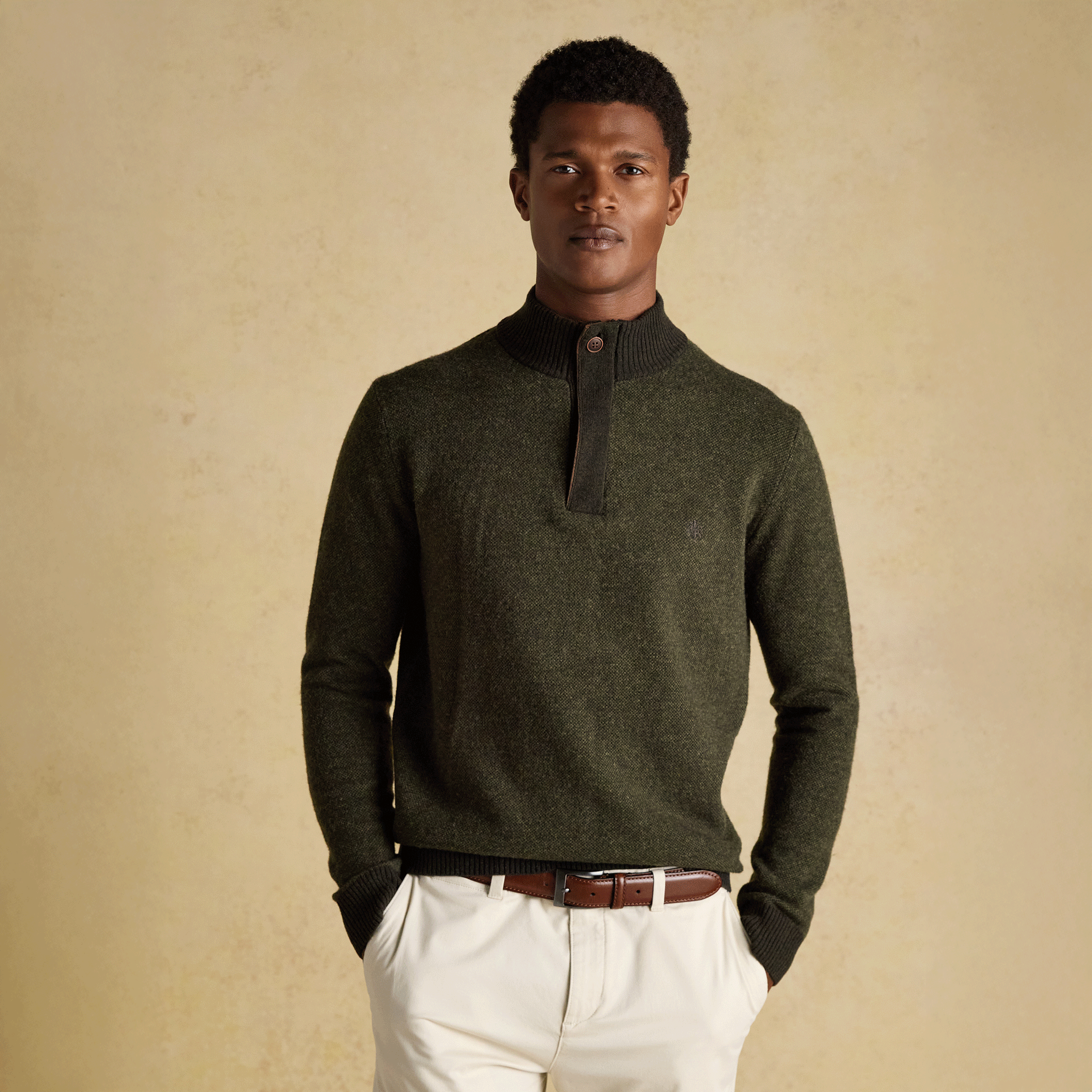 Joules Highland Men's Wool-Rich Button Quarter Zip Jumper Dark Green