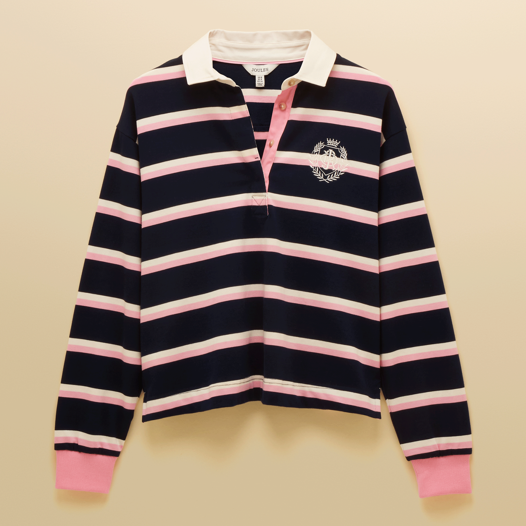 Joules Lara Striped Boxy Fit Rugby Shirt in Navy & Pink