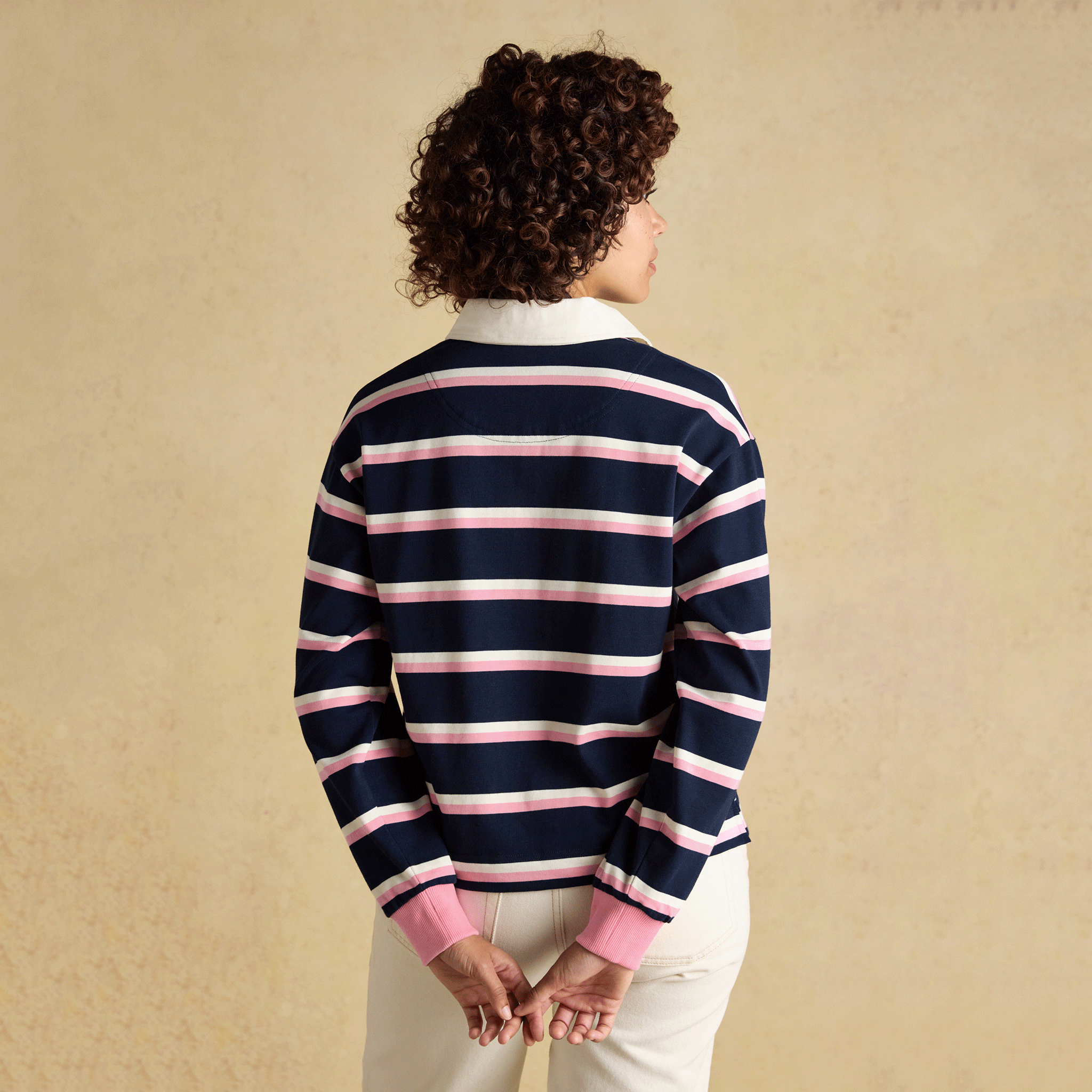 Joules Lara Striped Boxy Fit Rugby Shirt in Navy & Pink