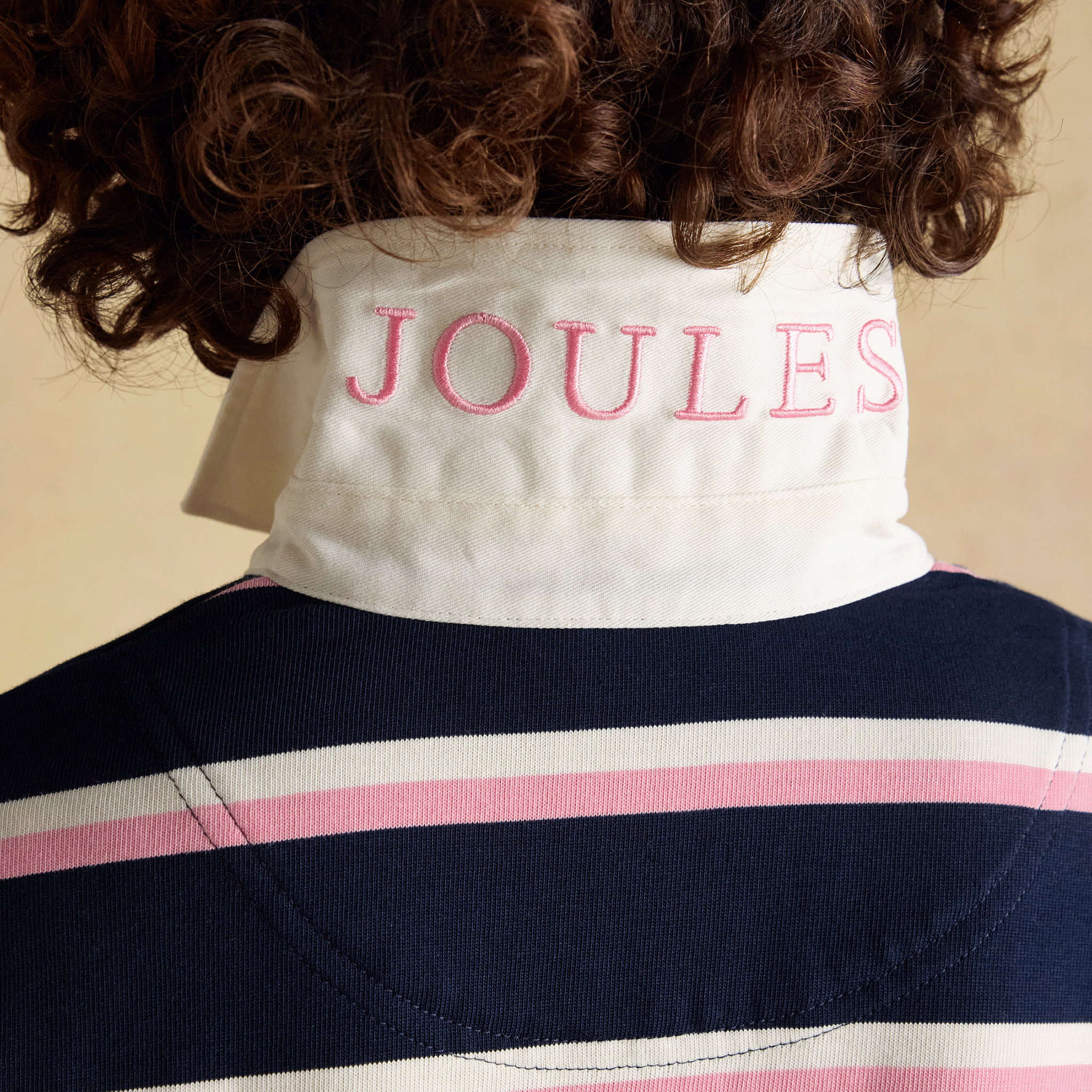 Joules Lara Striped Boxy Fit Rugby Shirt in Navy & Pink