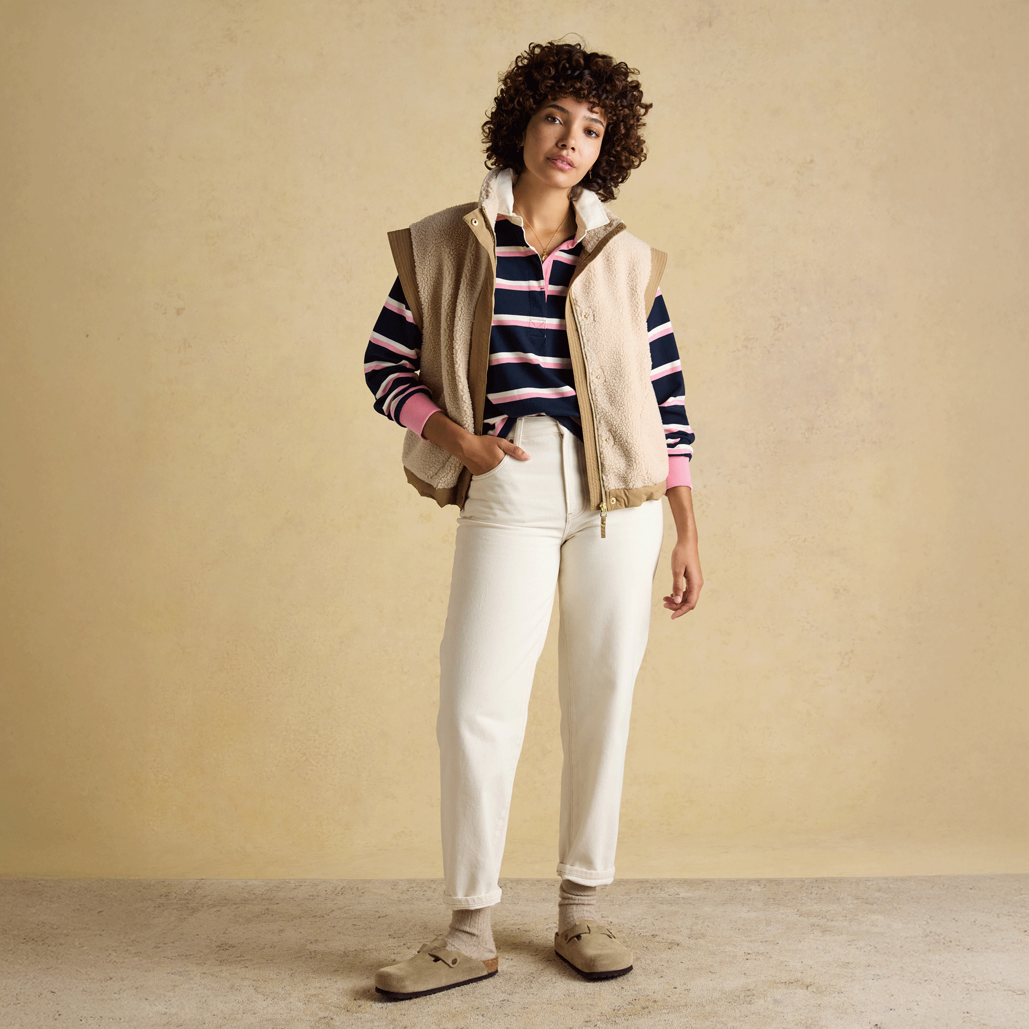 Joules Lara Striped Boxy Fit Rugby Shirt in Navy & Pink