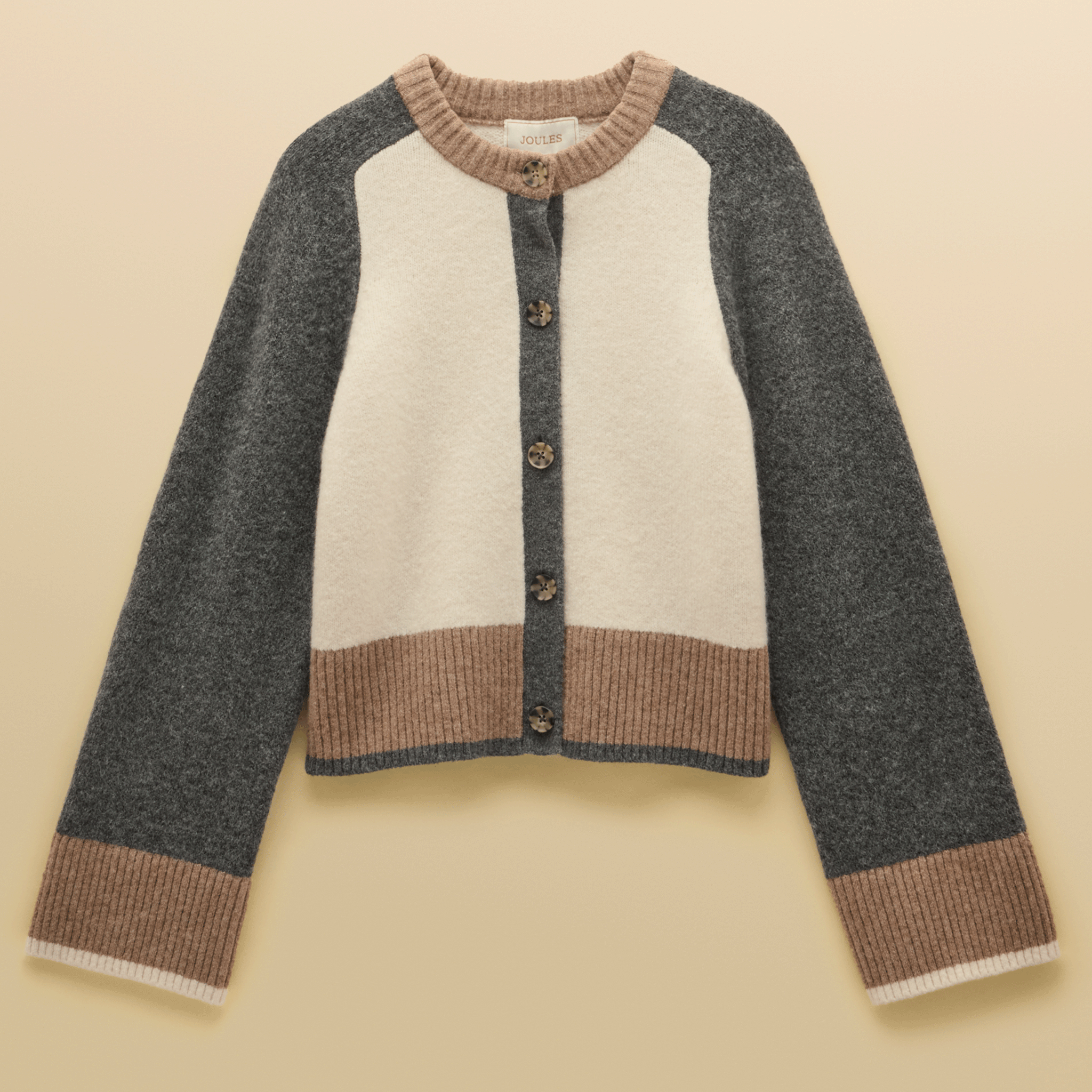Joules Nora Women’s Colourblock Knitted Cardigan Cream, Tan & Charcoal