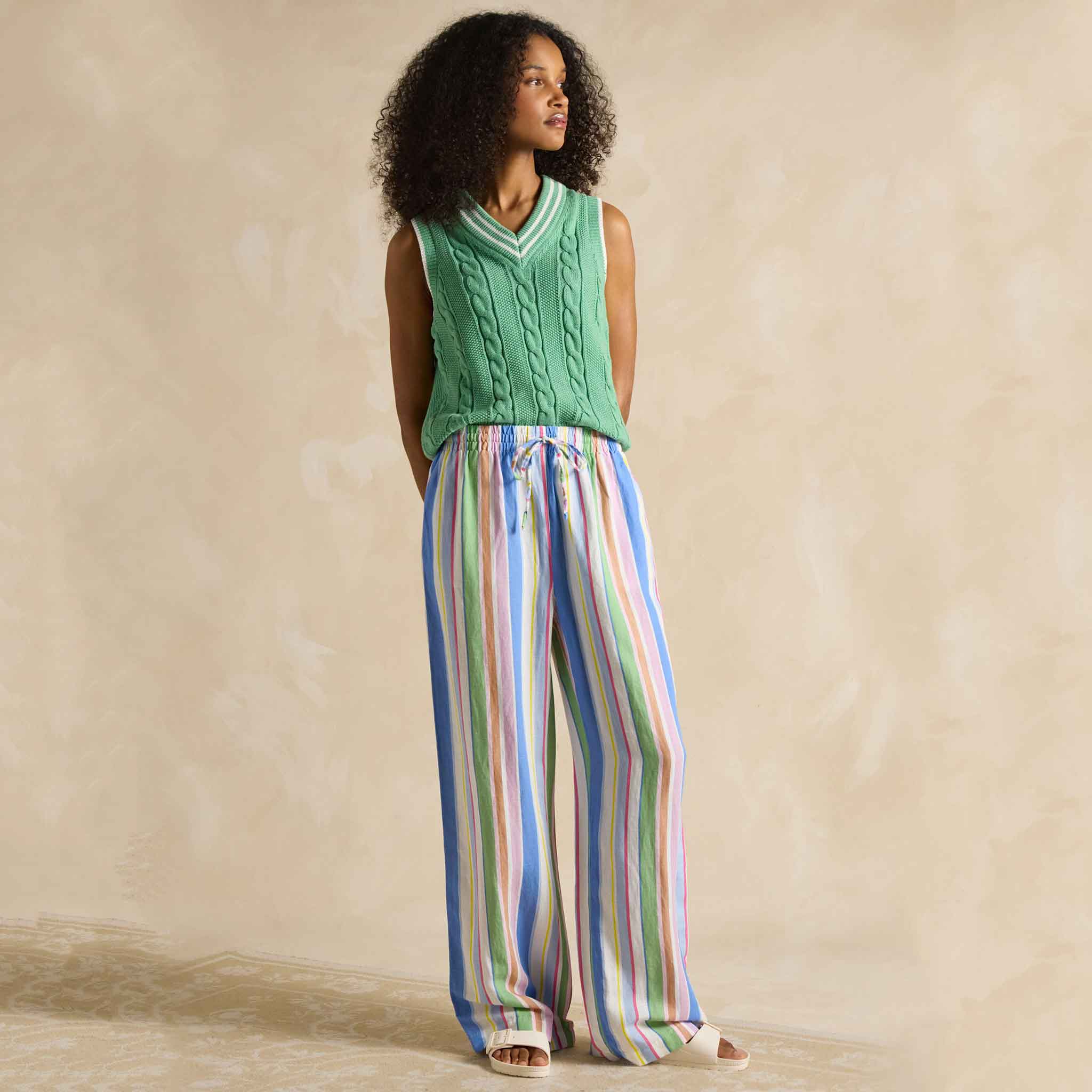 Joules Pull On Multi Stripe Linen Blend Trousers