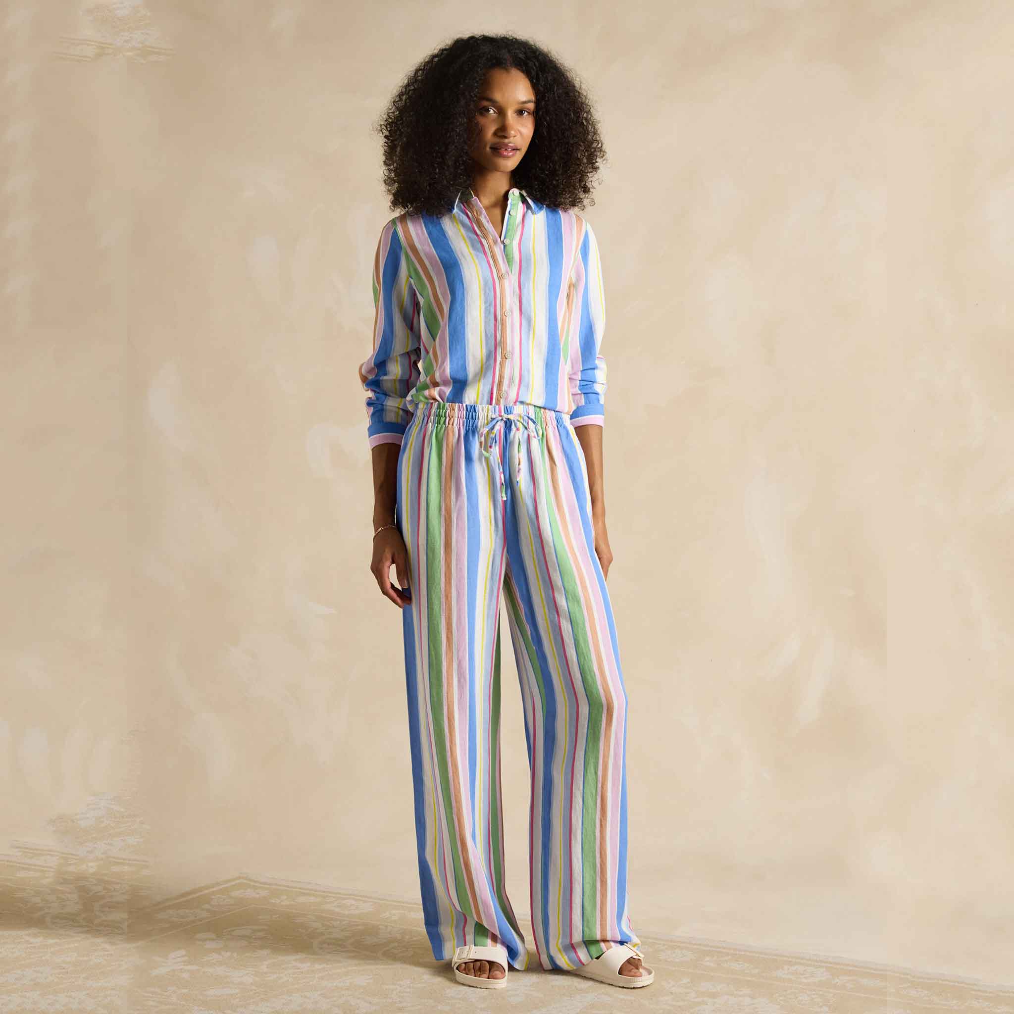 Joules Pull On Multi Stripe Linen Blend Trousers