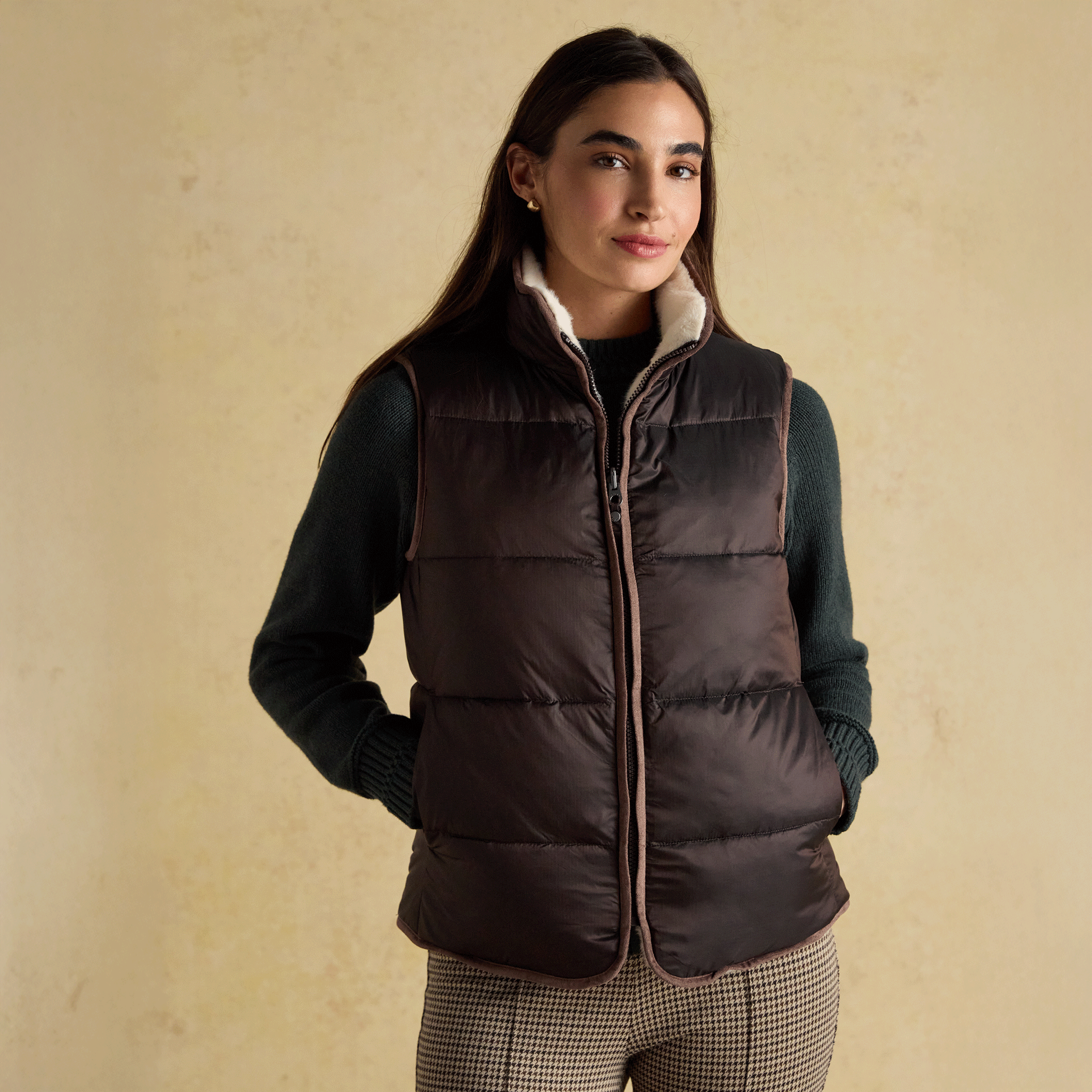 Joules Reversible Faux Fur Padded Gilet Brown-Cream