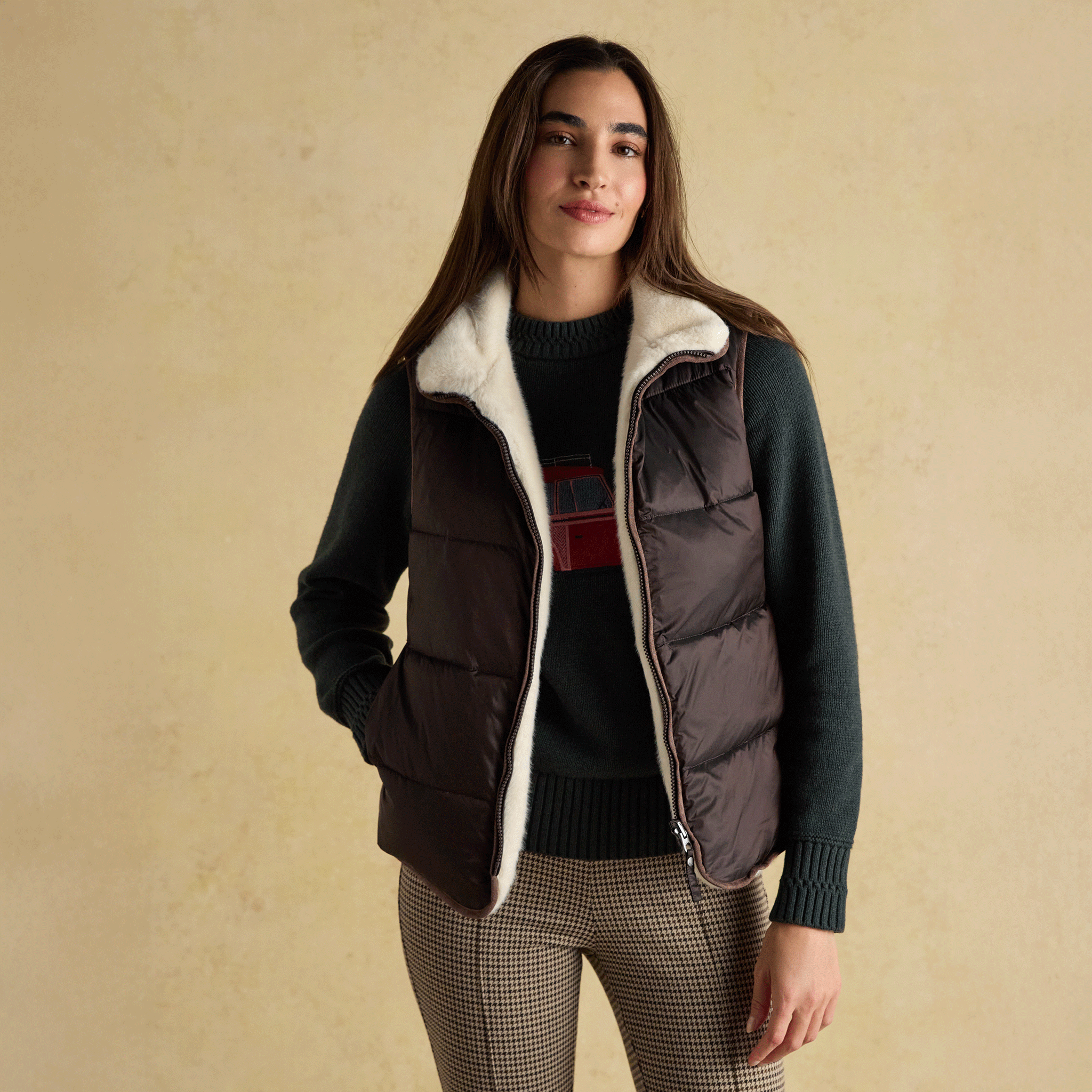 Joules Reversible Faux Fur Padded Gilet Brown-Cream