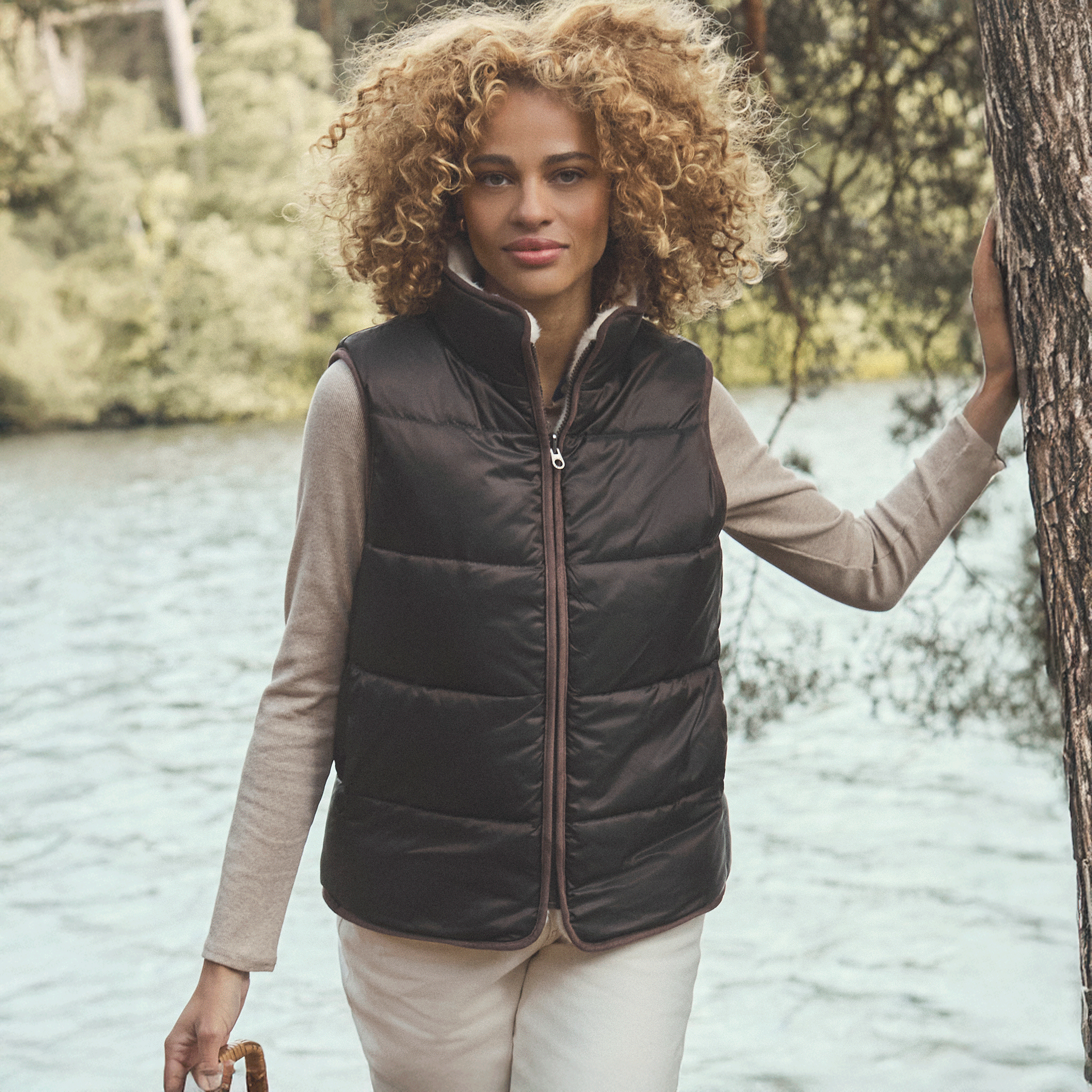 Joules Reversible Faux Fur Padded Gilet Brown-Cream