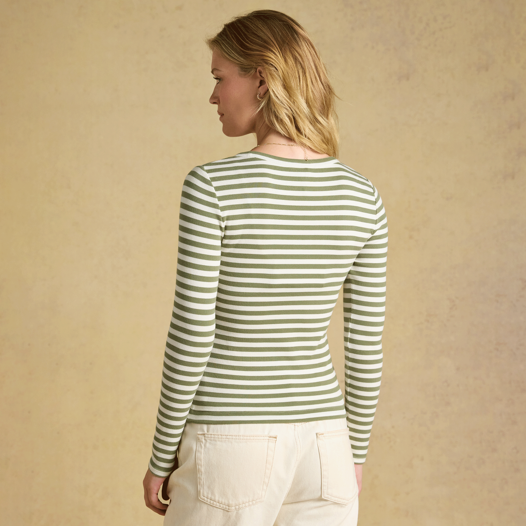 Joules Sophie Long Sleeved Striped Ribbed Fitted T-Shirt Khaki Green