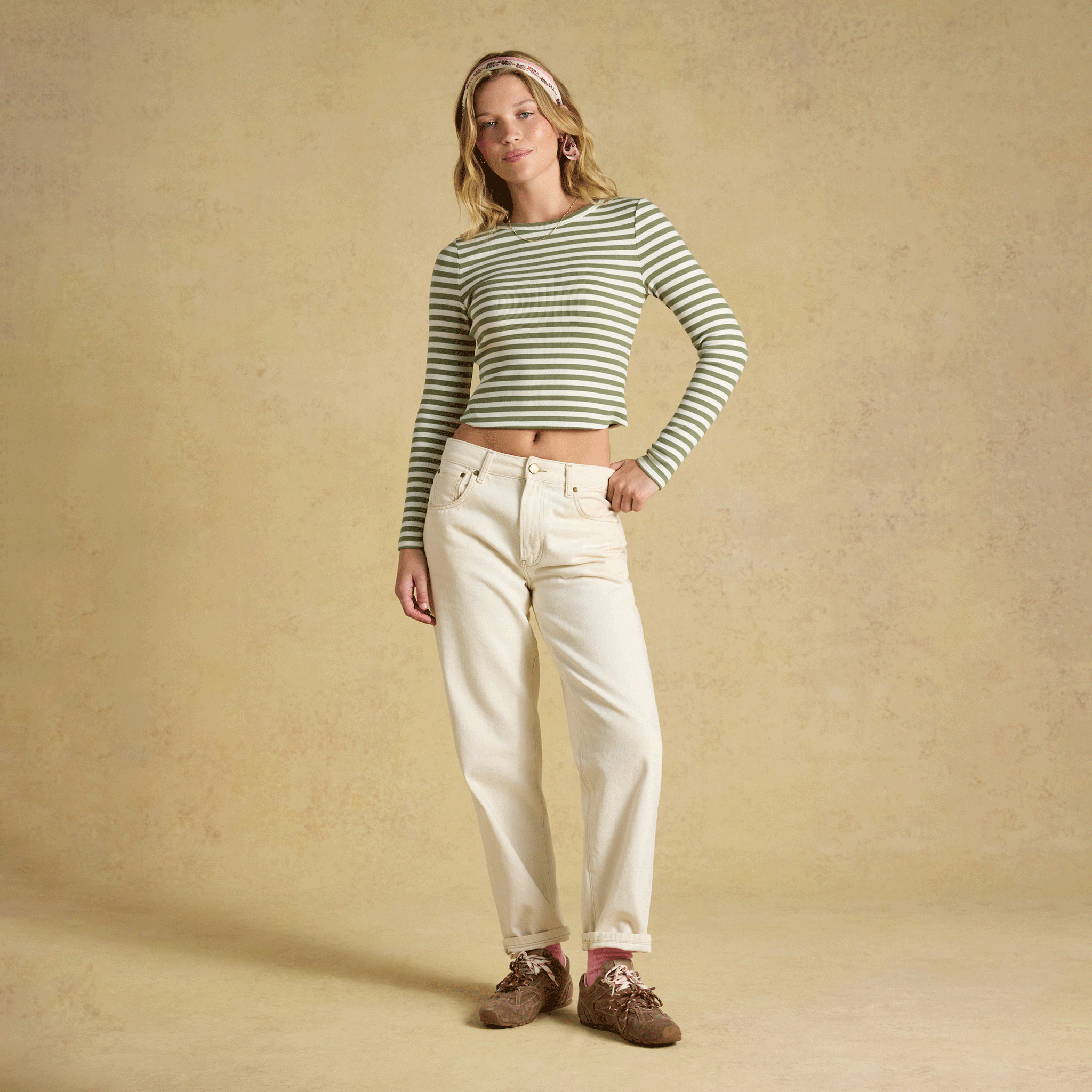 Joules Sophie Long Sleeved Striped Ribbed Fitted T-Shirt Khaki Green