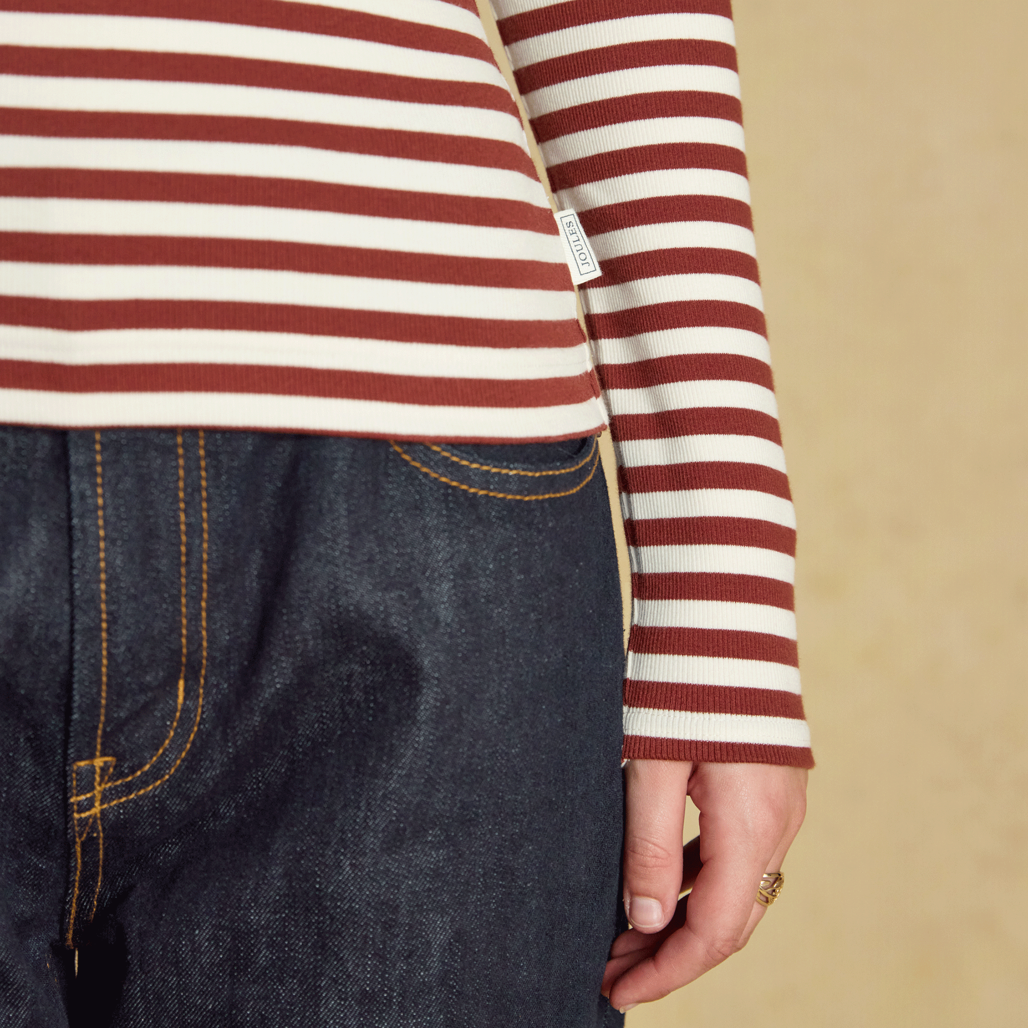 Joules Sophie Long Sleeved Striped Ribbed Fitted T-Shirt Russet-Creme