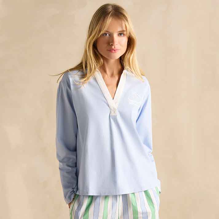 Joules Tallie Blue Long Sleeve Combed Cotton Collared Top