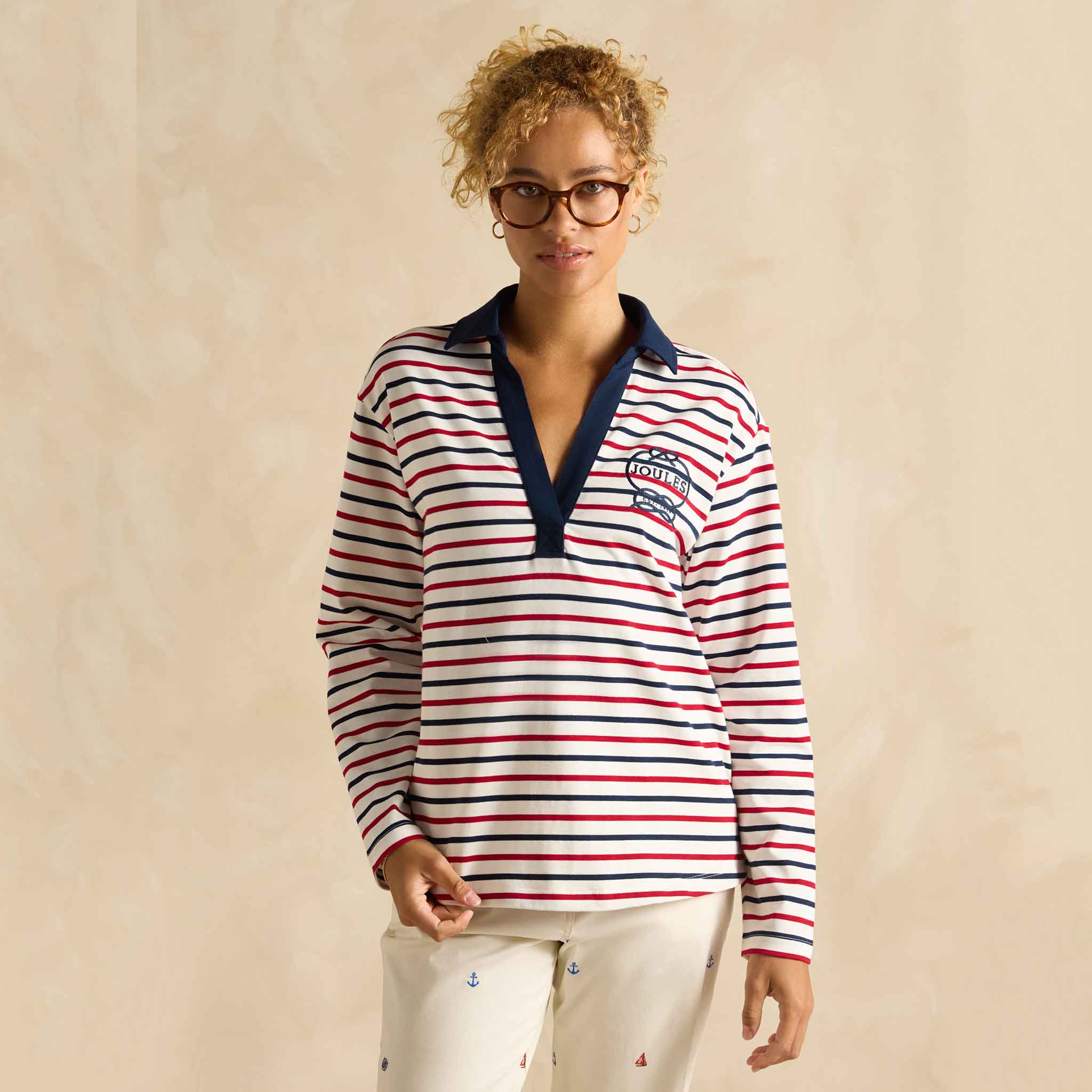 Joules Tallie Long Sleeve Combed Cotton Top Navy-Red Stripe