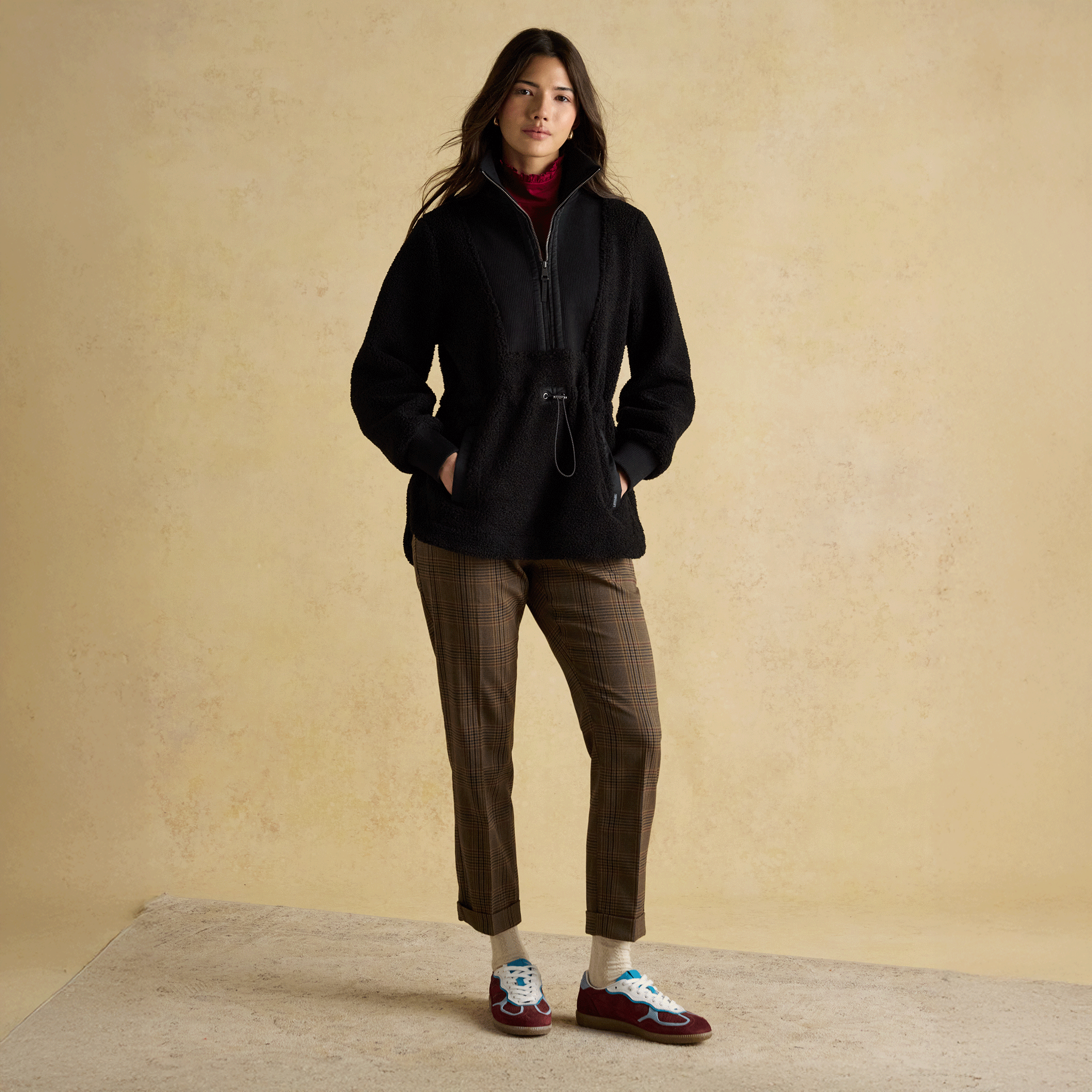 Joules Thurleston Borg Half Zip Fleece with Adjustable Waist Black