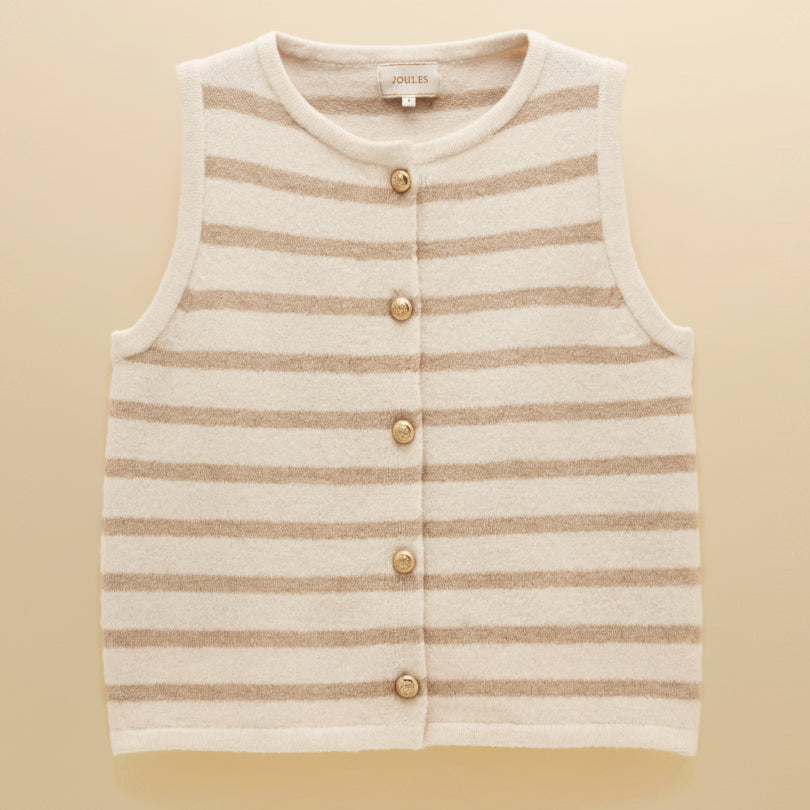 Joules Holly Striped Button Through Knitted Vest Cream-Oat